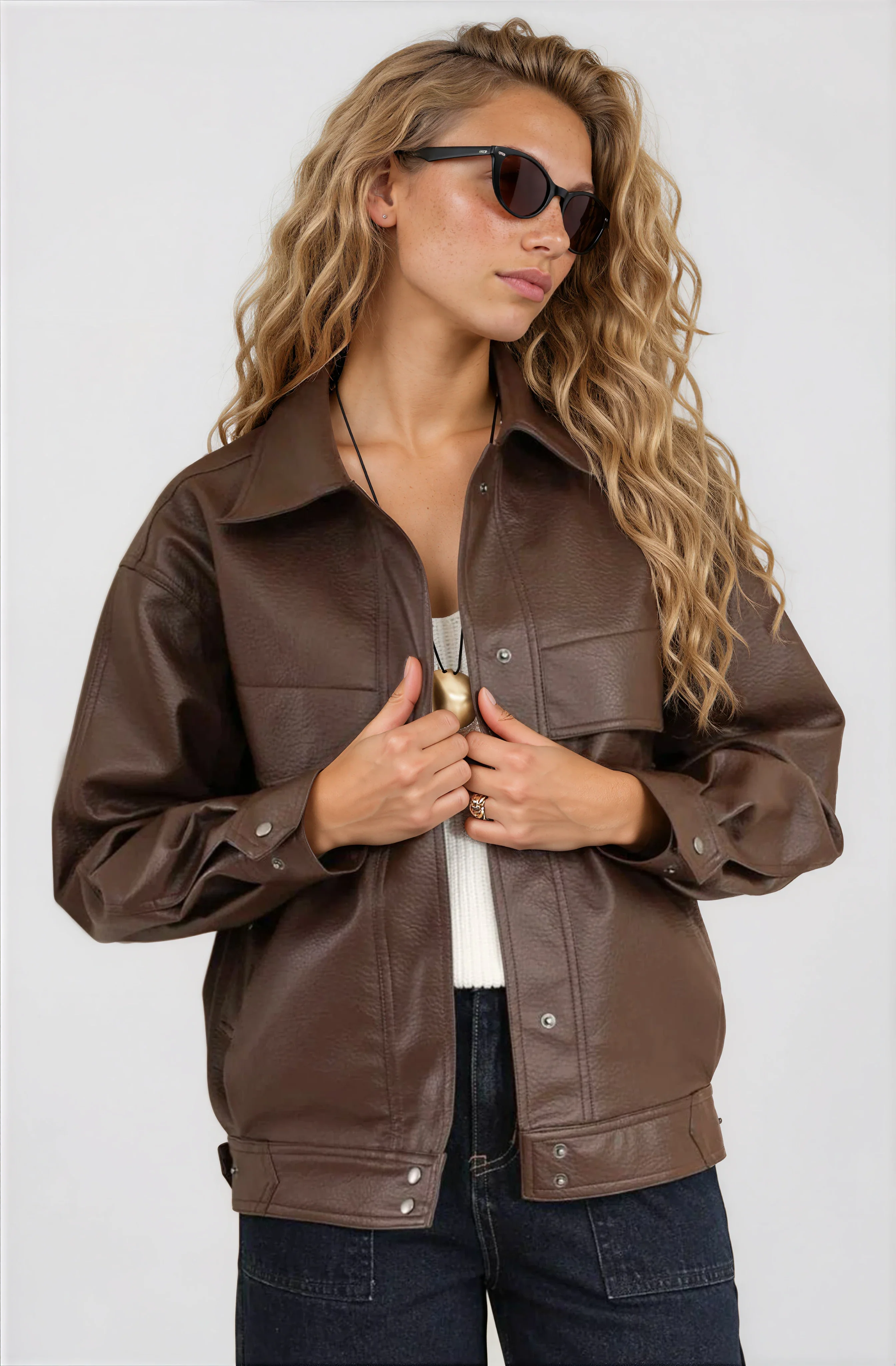 Caleb Jacket - PU Leather Relaxed Utility Jacket in Chocolate