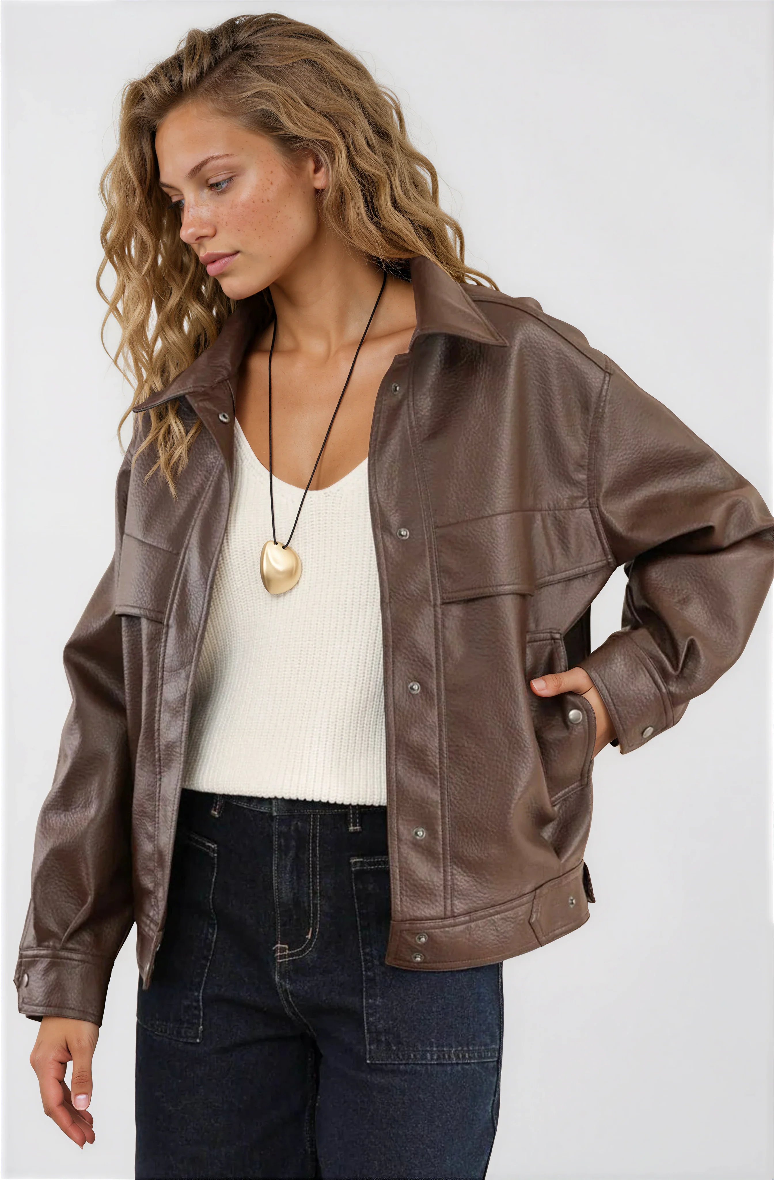 Caleb Jacket - PU Leather Relaxed Utility Jacket in Chocolate - Image 2