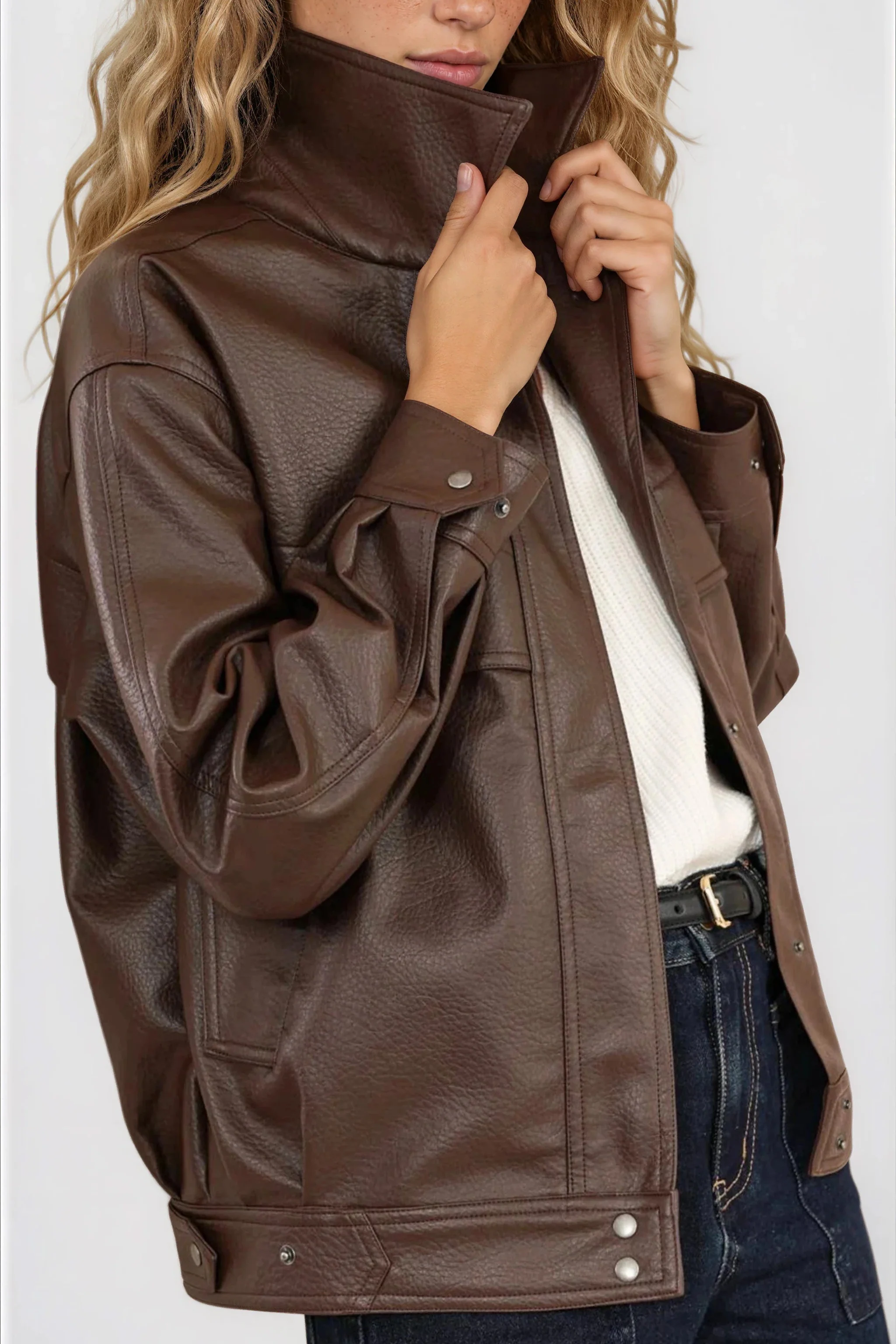 Caleb Jacket - PU Leather Relaxed Utility Jacket in Chocolate - Image 3