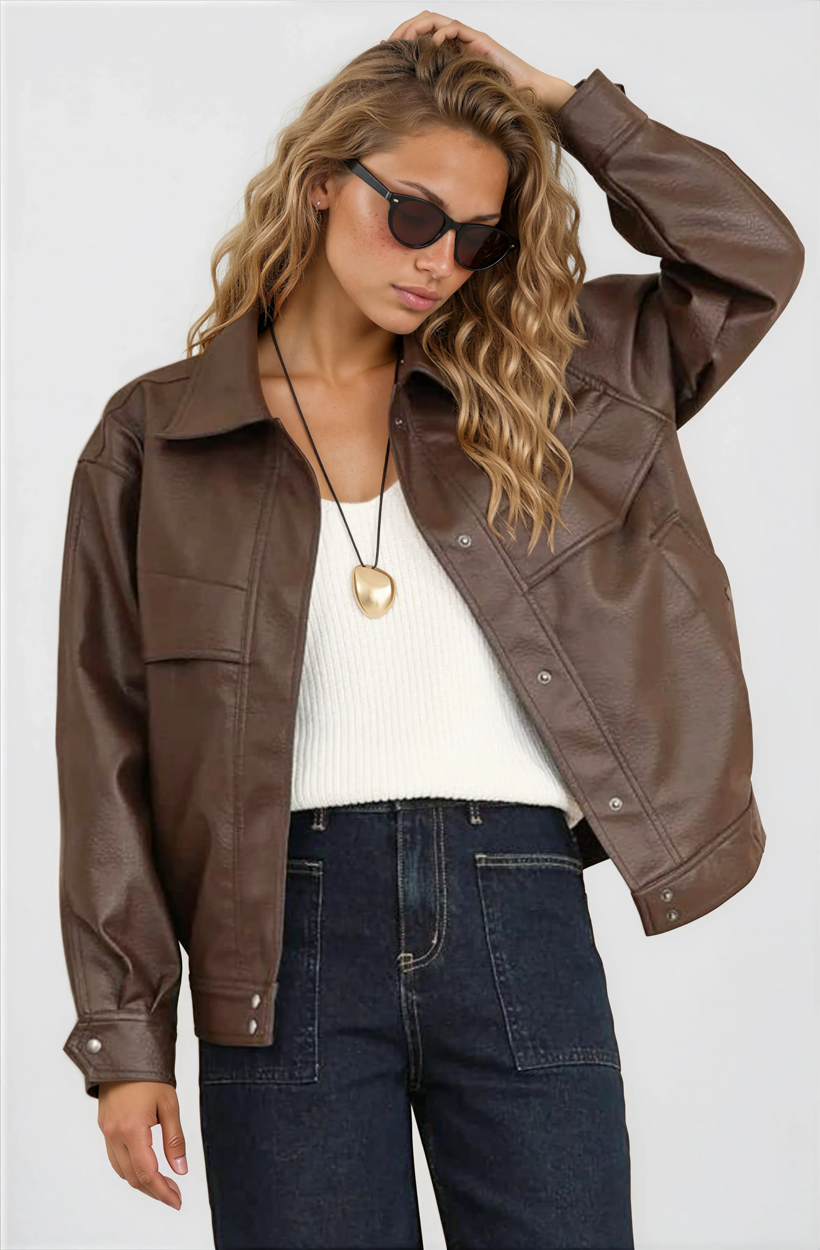 Caleb Jacket - PU Leather Relaxed Utility Jacket in Chocolate - Image 4