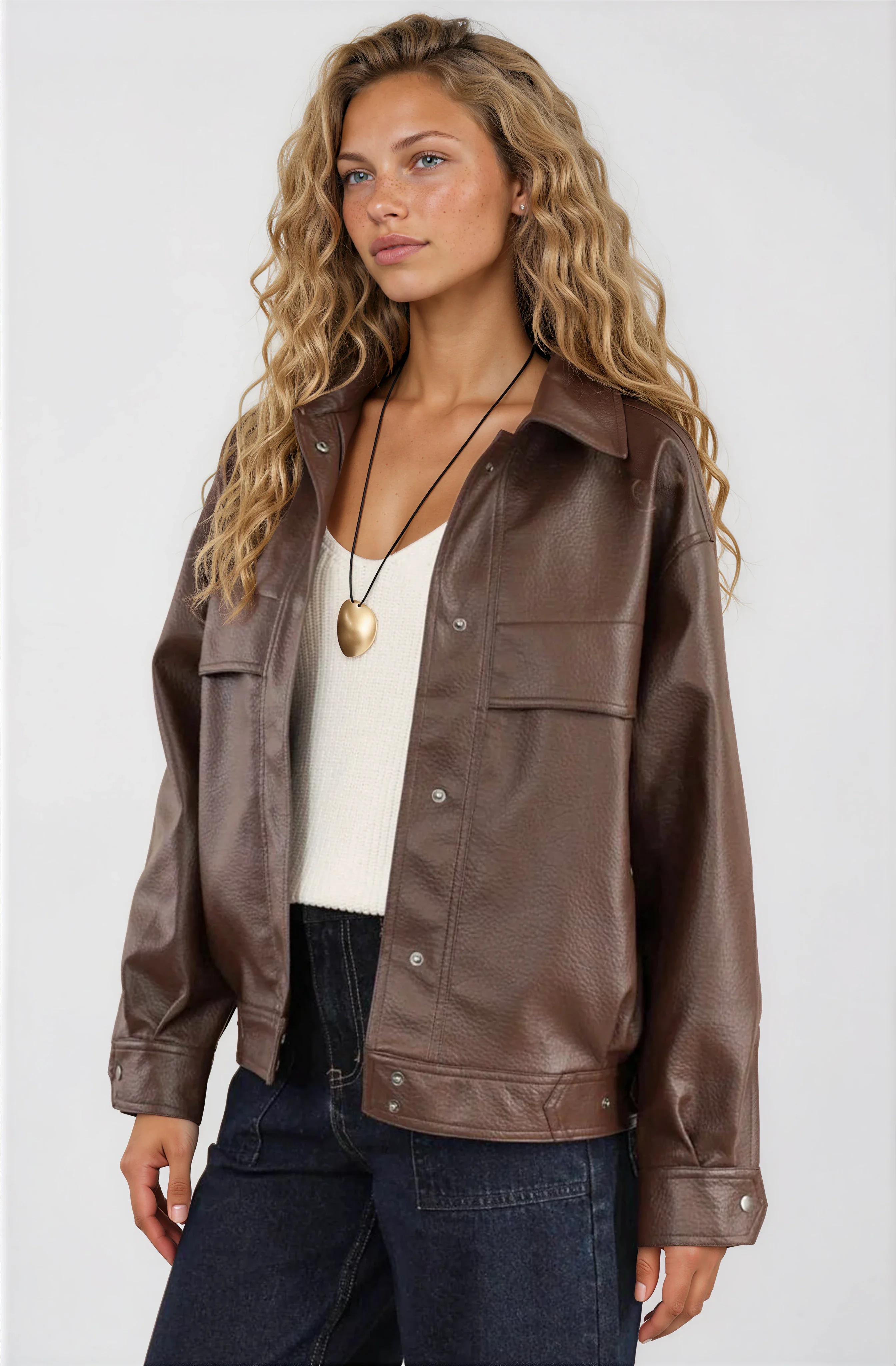 Caleb Jacket - PU Leather Relaxed Utility Jacket in Chocolate - Image 5
