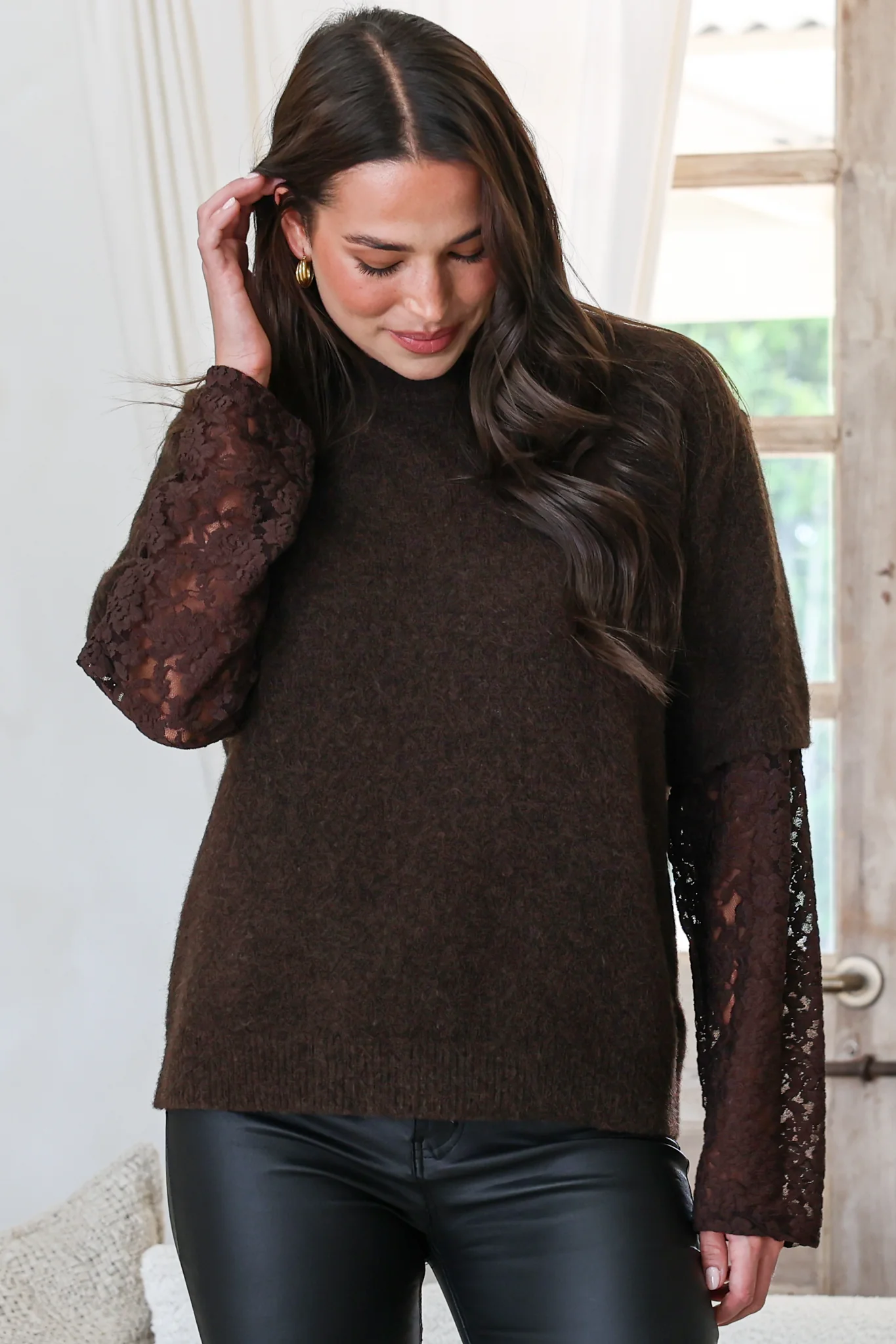 Calloway Knit Top - Crew Neck Knit with Lace Sleeve Inserts in Chocolate - Image 5