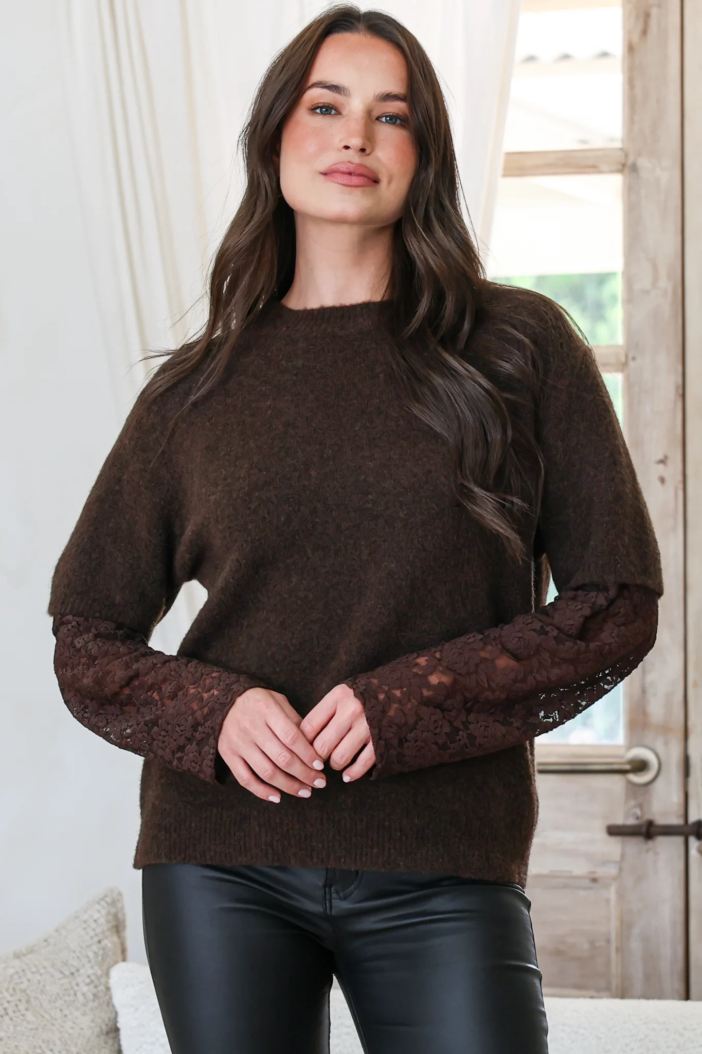 Calloway Knit Top - Crew Neck Knit with Lace Sleeve Inserts in Chocolate - Image 6
