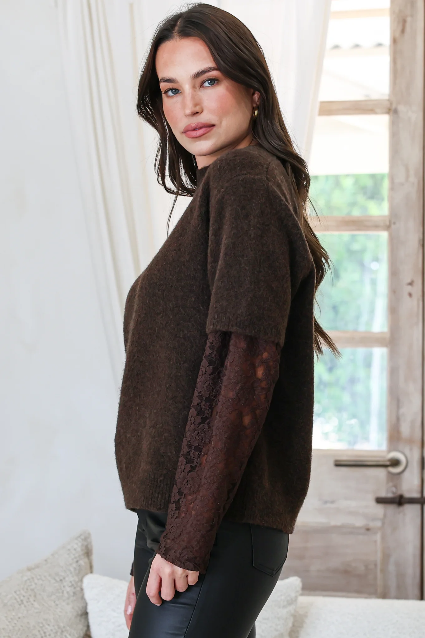Calloway Knit Top - Crew Neck Knit with Lace Sleeve Inserts in Chocolate - Image 7
