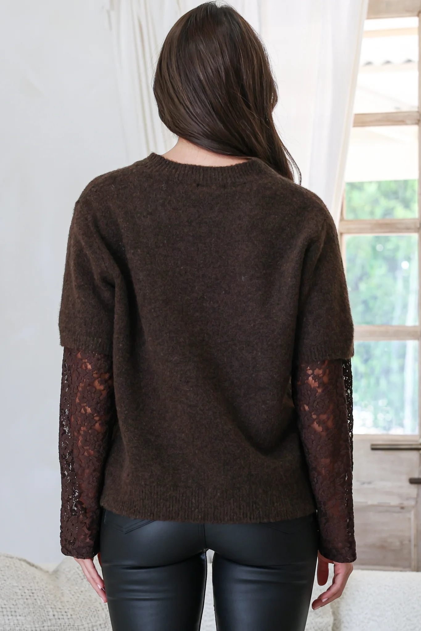 Calloway Knit Top - Crew Neck Knit with Lace Sleeve Inserts in Chocolate - Image 8