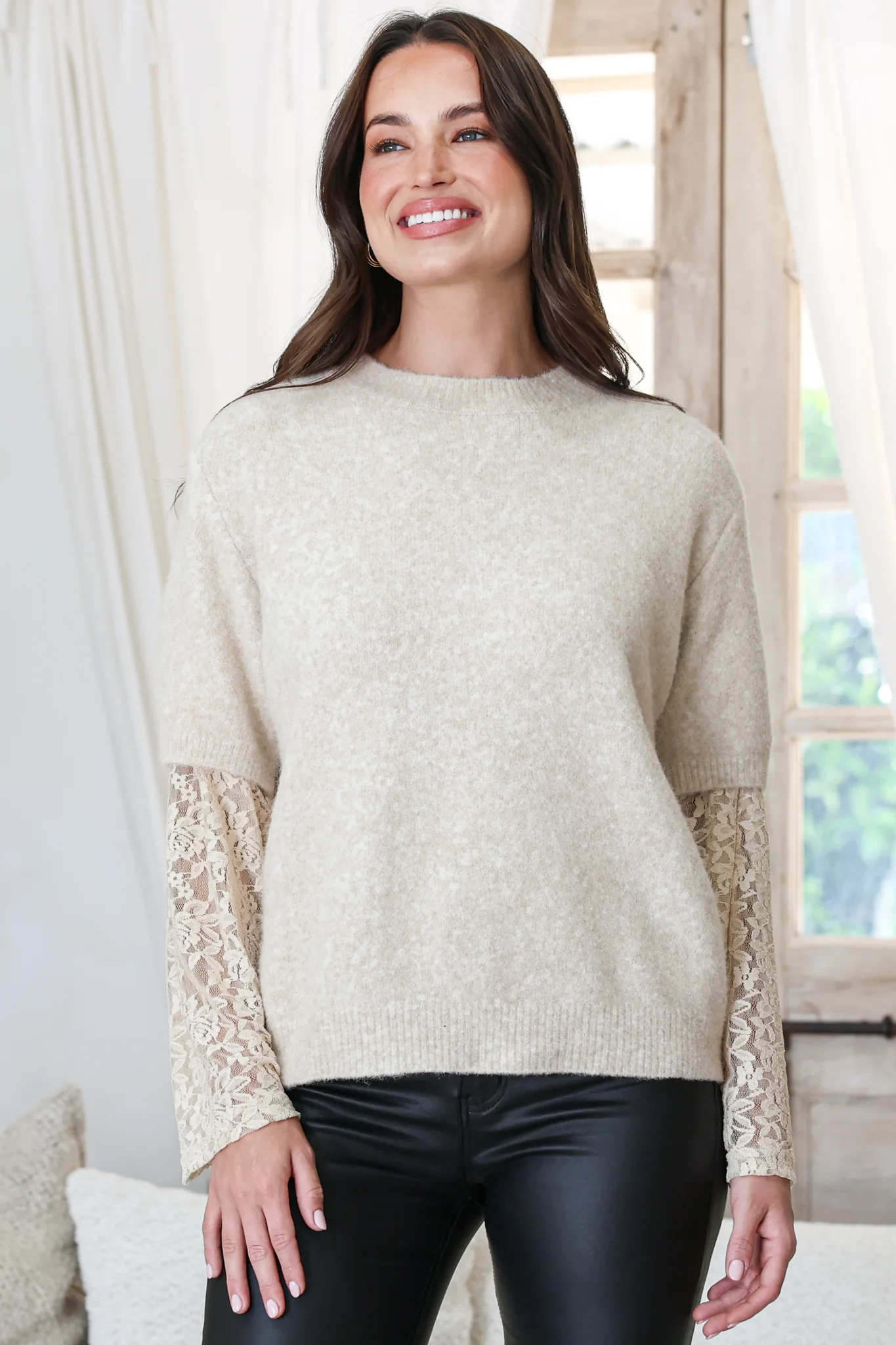 Calloway Knit Top - Crew Neck Knit with Lace Sleeve Inserts in Cream - Image 3