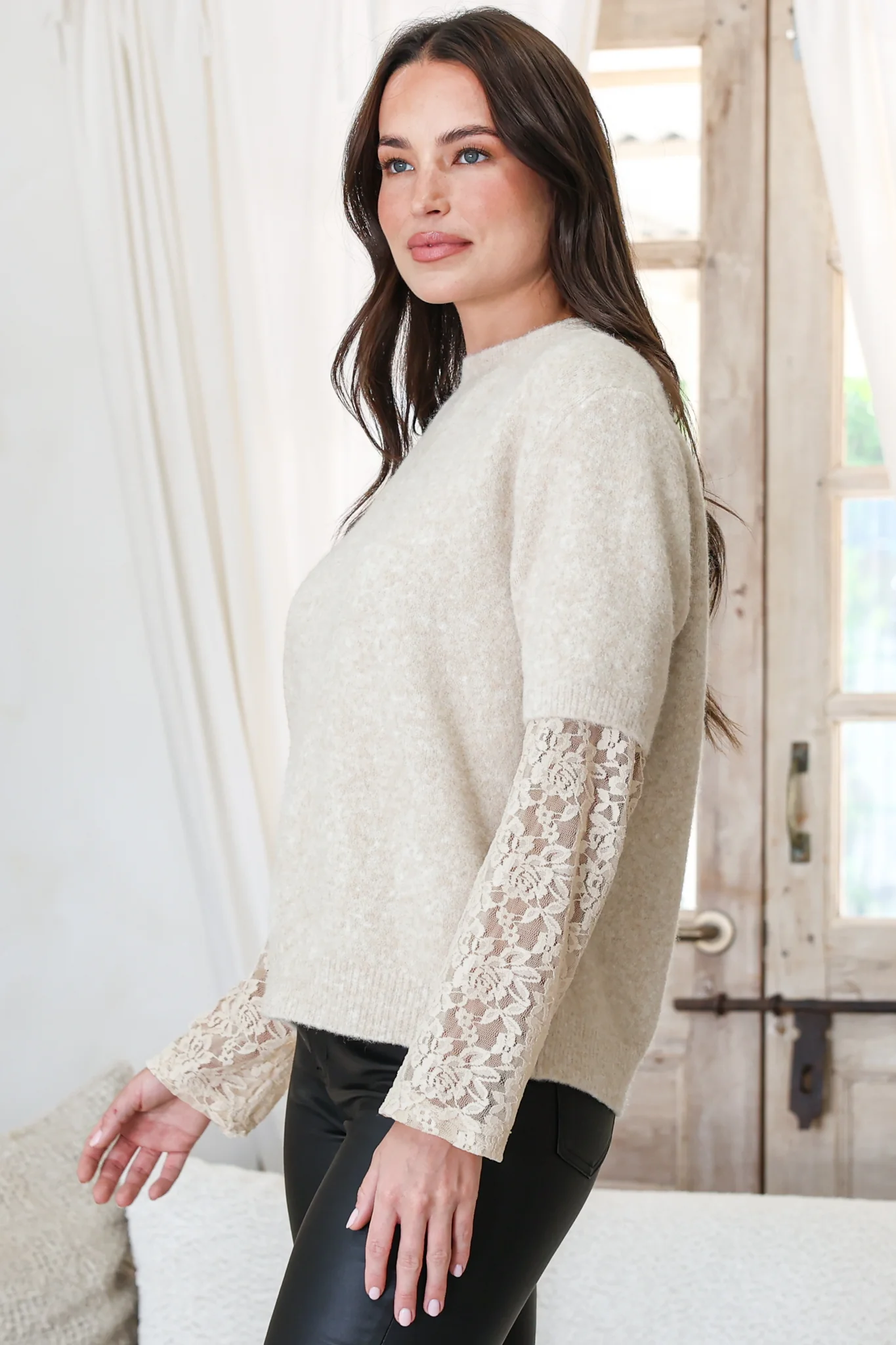 Calloway Knit Top - Crew Neck Knit with Lace Sleeve Inserts in Cream - Image 5