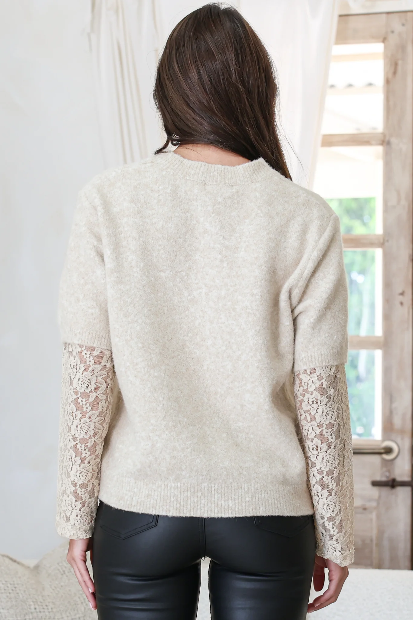 Calloway Knit Top - Crew Neck Knit with Lace Sleeve Inserts in Cream - Image 6