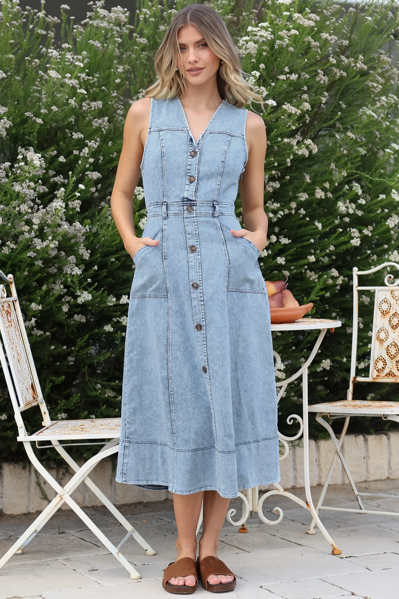 Capricorn Midi Dress - Sleeveless A-Line Denim Dress with Pockets in Denim Blue - Image 4
