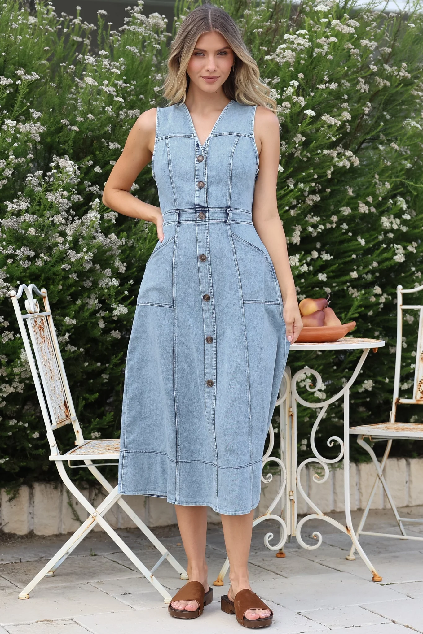 Capricorn Midi Dress - Sleeveless A-Line Denim Dress with Pockets in Denim Blue - Image 6