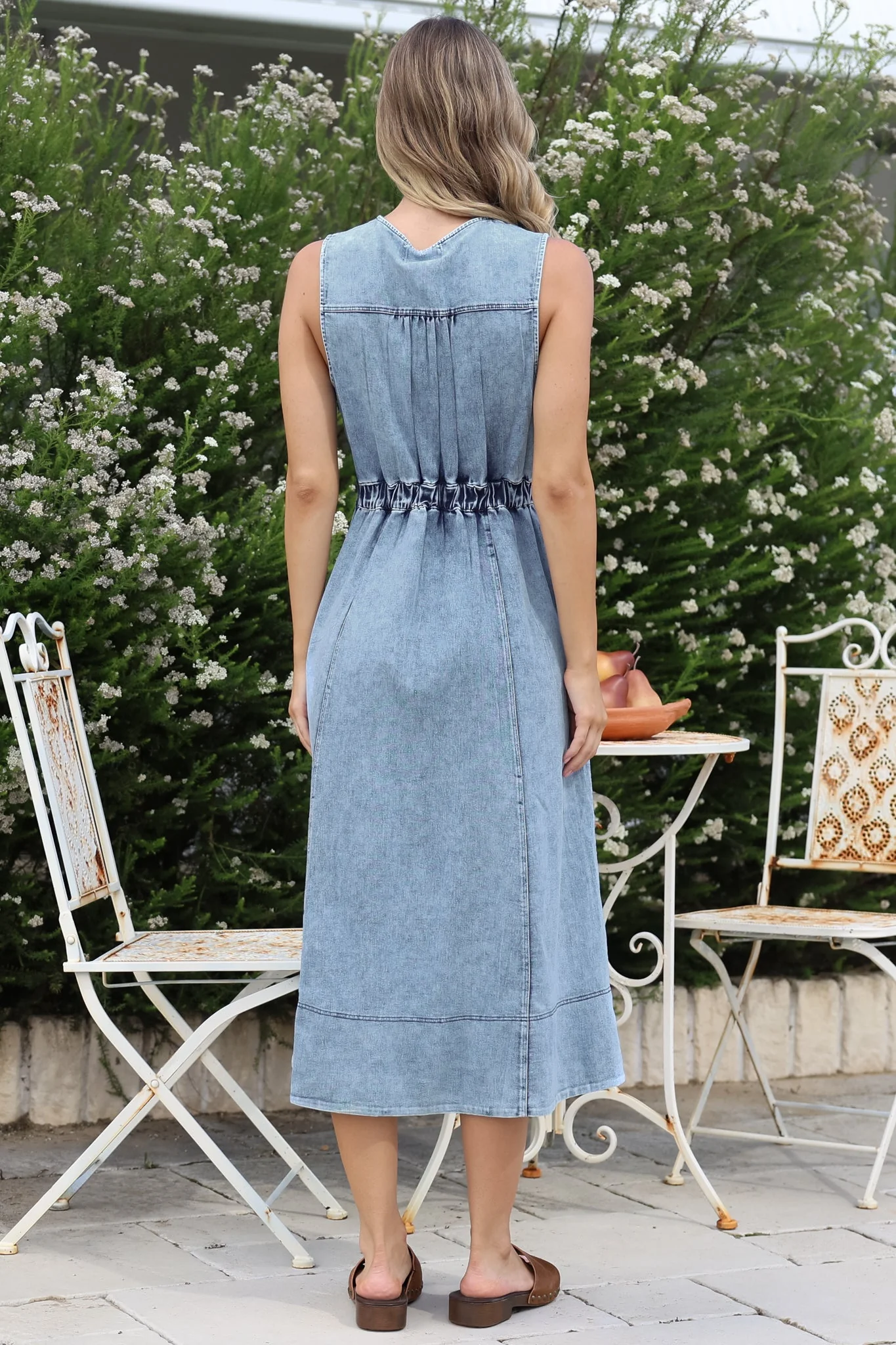 Capricorn Midi Dress - Sleeveless A-Line Denim Dress with Pockets in Denim Blue - Image 8