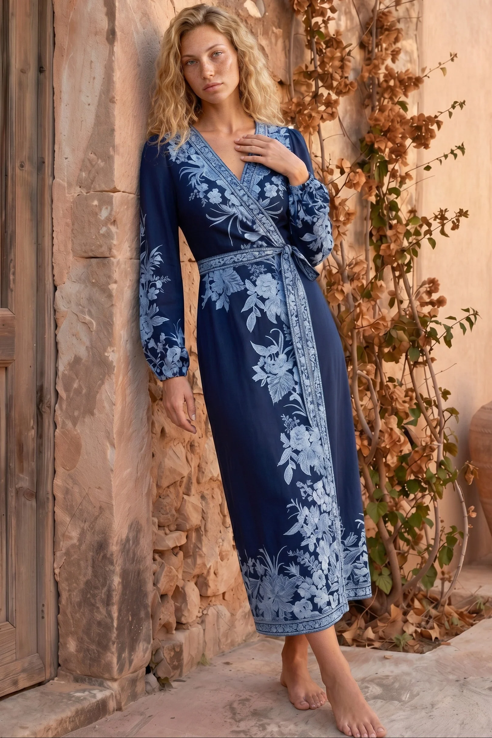 Carindi Midi Dress - V Neck Wrap Dress with Long Balloon Sleeves in Breakwater Print