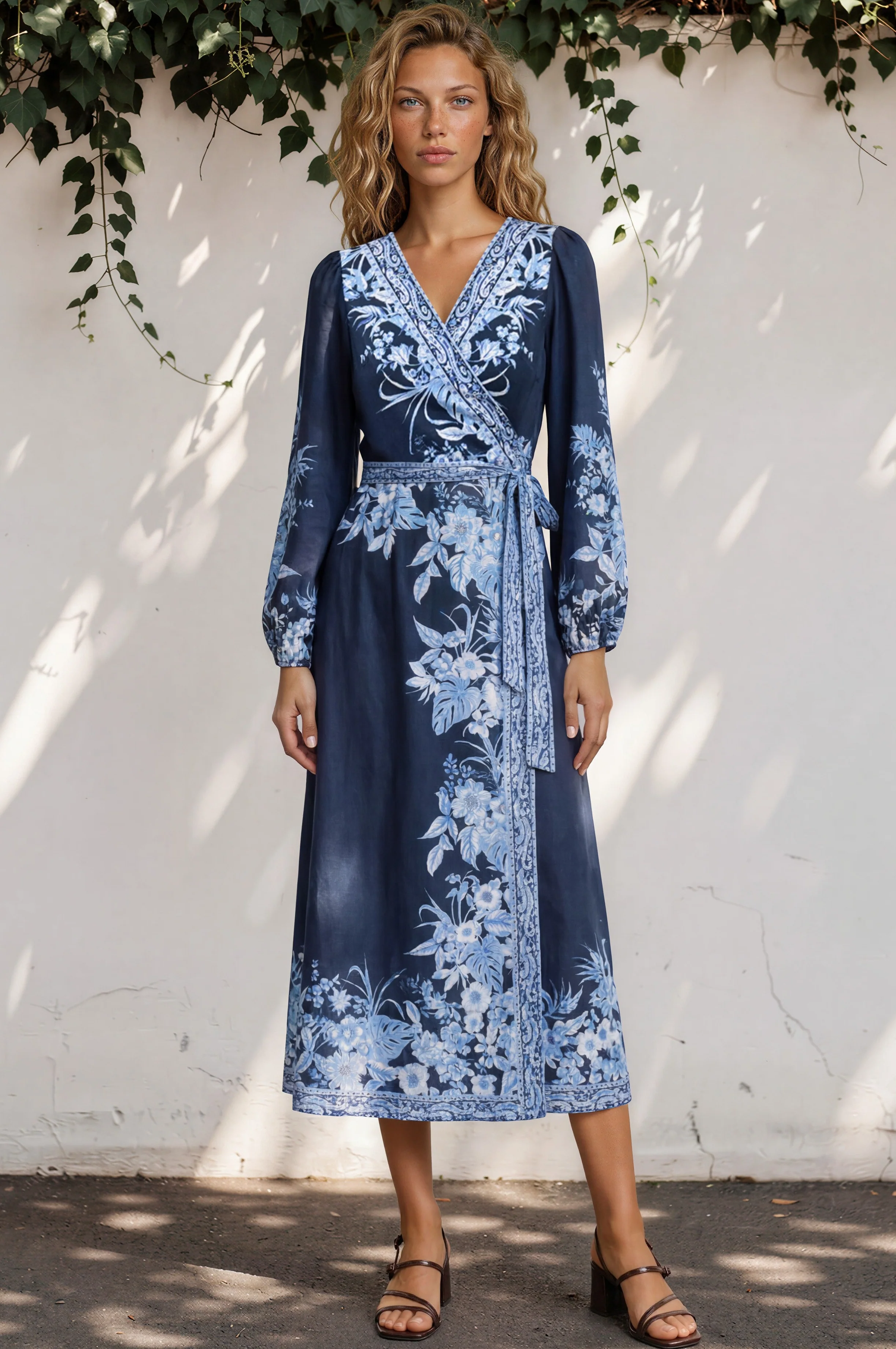 Carindi Midi Dress - V Neck Wrap Dress with Long Balloon Sleeves in Breakwater Print - Image 2