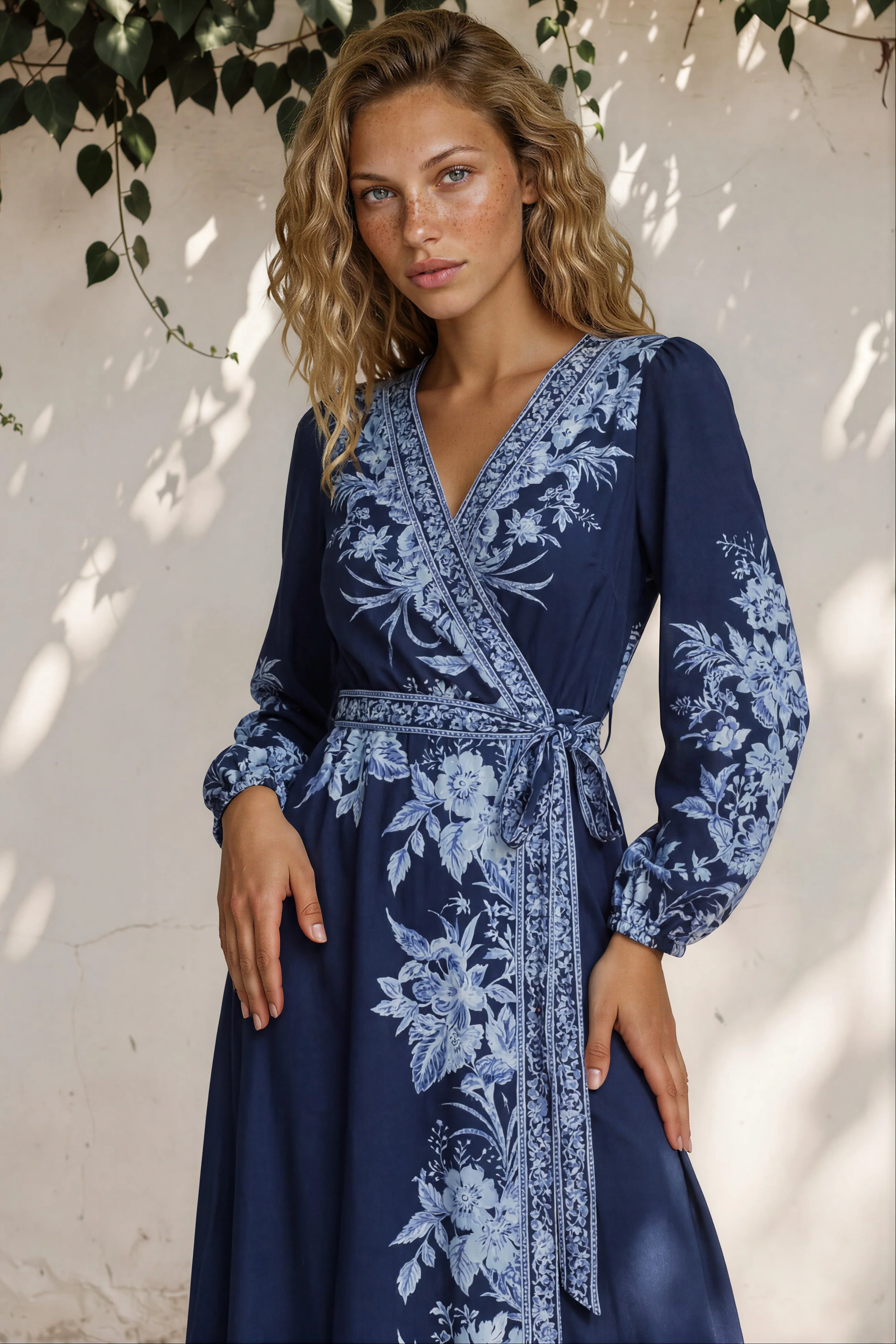 Carindi Midi Dress - V Neck Wrap Dress with Long Balloon Sleeves in Breakwater Print - Image 3