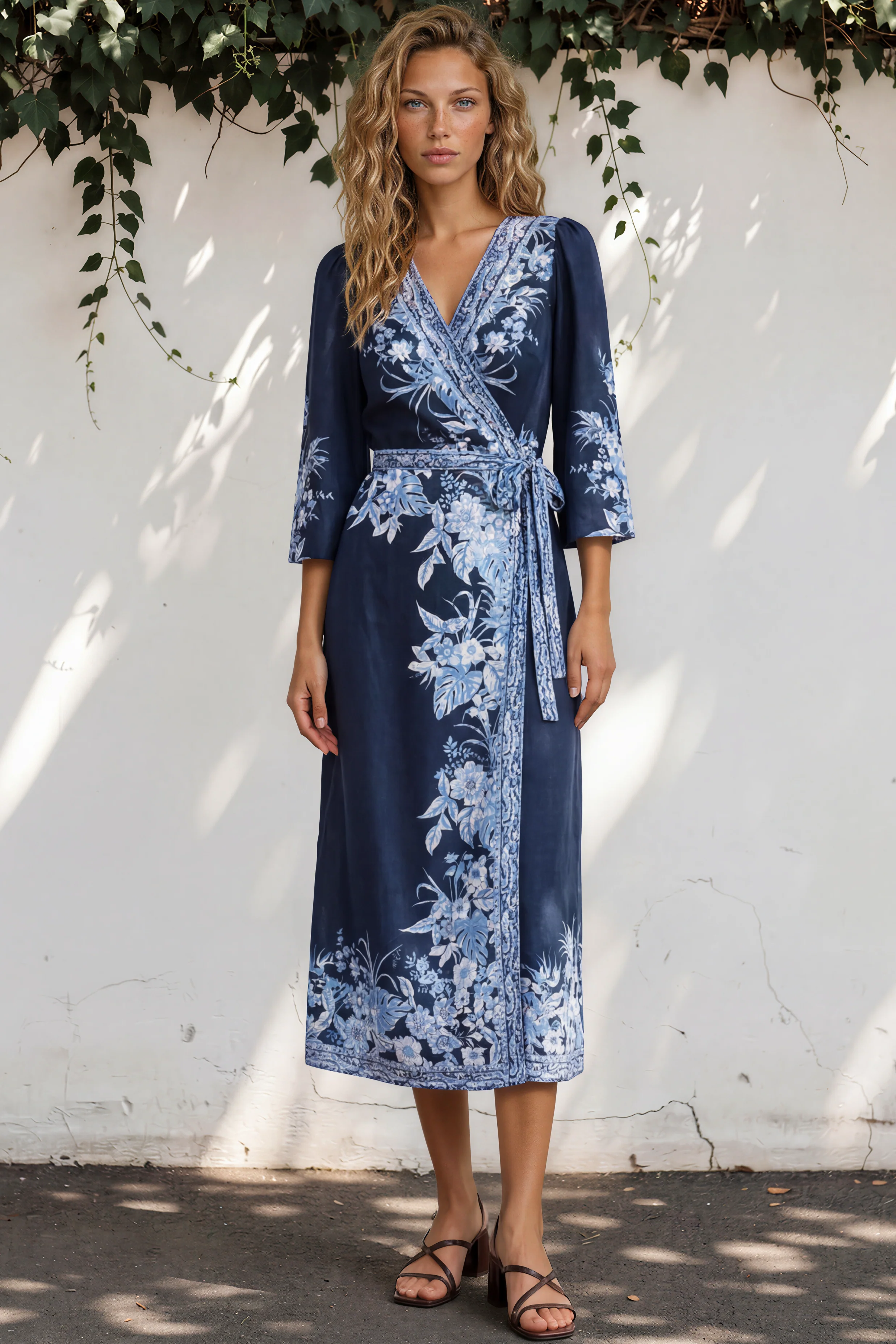 Carindi Midi Dress - V Neck Wrap Dress with Long Balloon Sleeves in Breakwater Print - Image 4