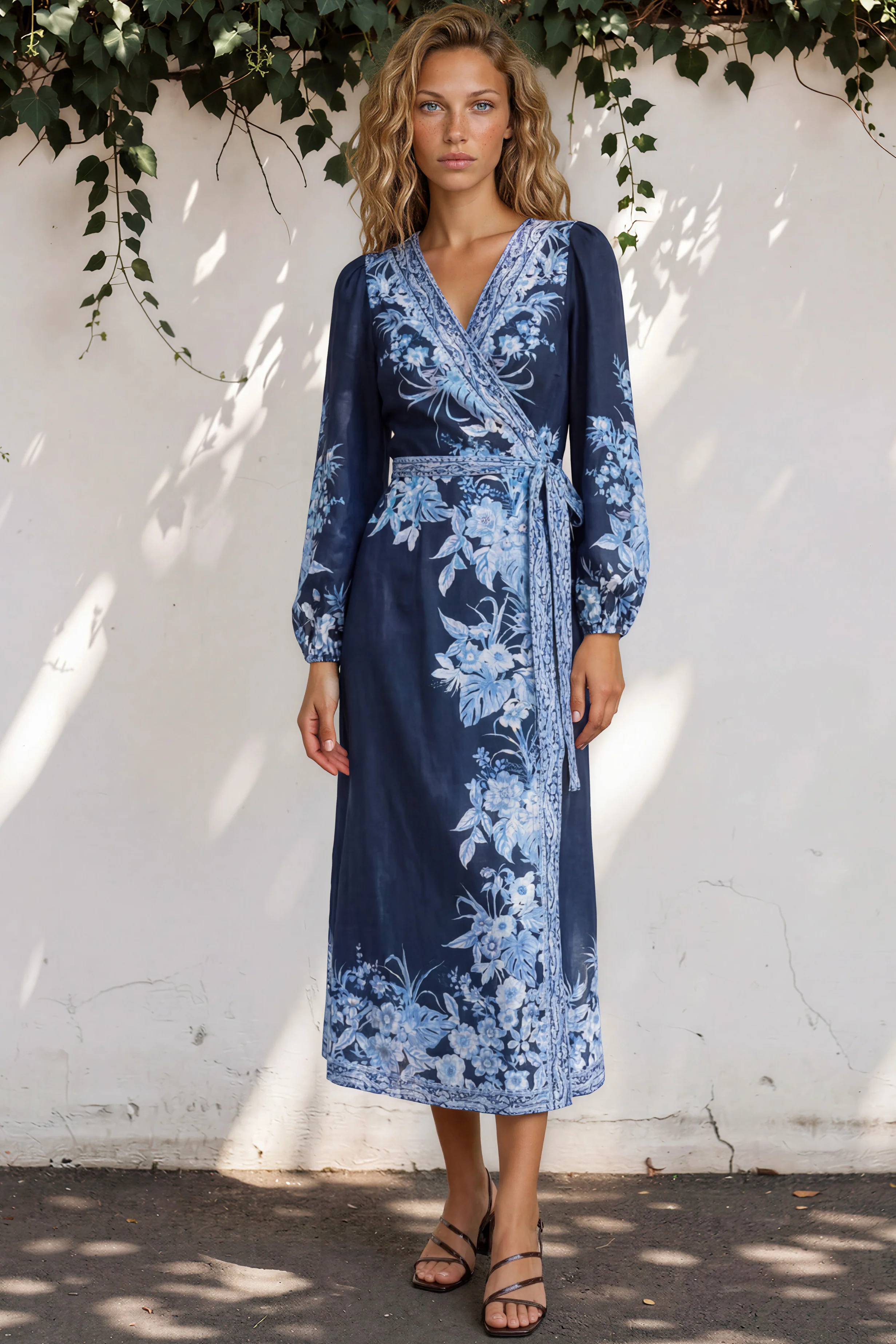 Carindi Midi Dress - V Neck Wrap Dress with Long Balloon Sleeves in Breakwater Print - Image 5