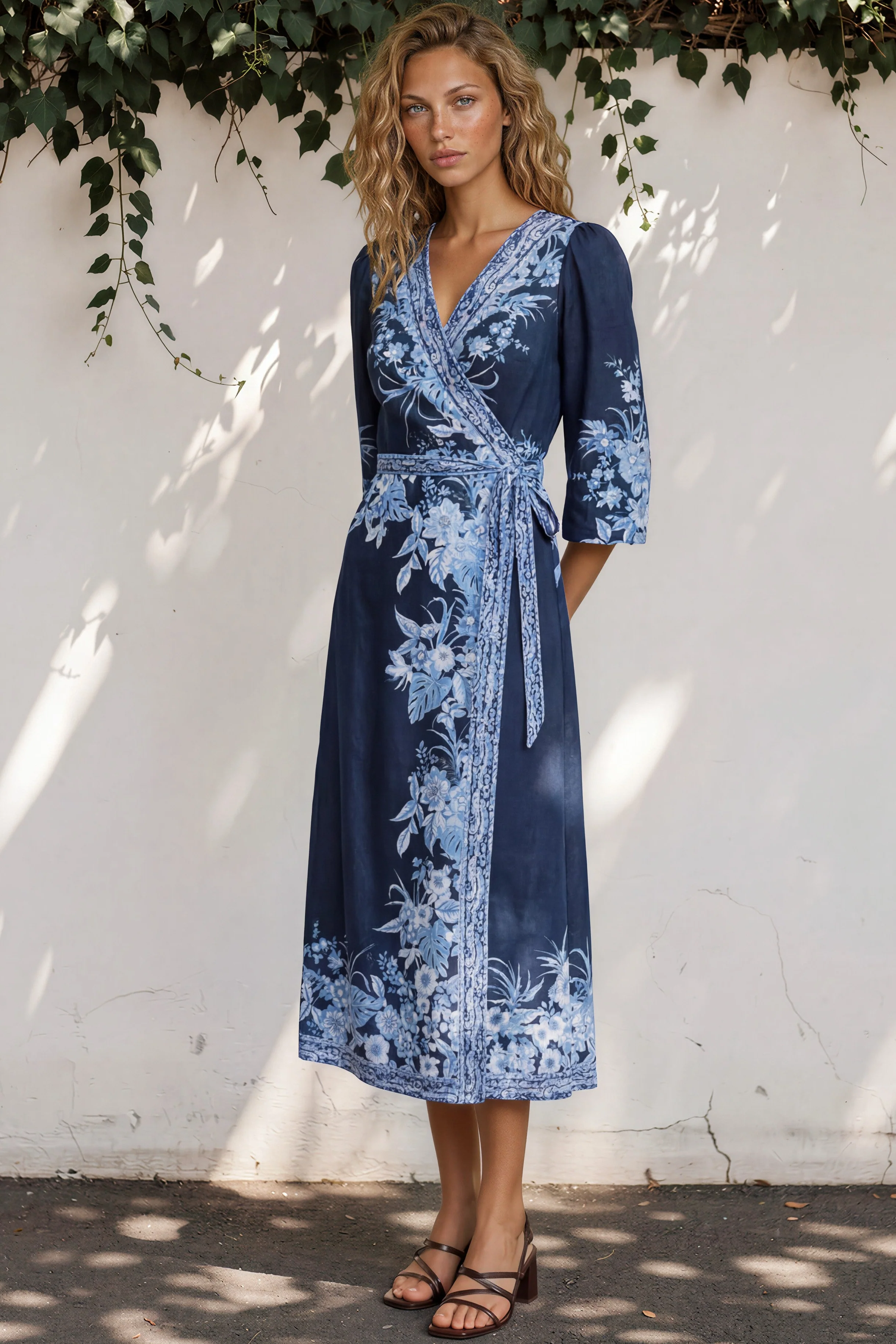 Carindi Midi Dress - V Neck Wrap Dress with Long Balloon Sleeves in Breakwater Print - Image 6