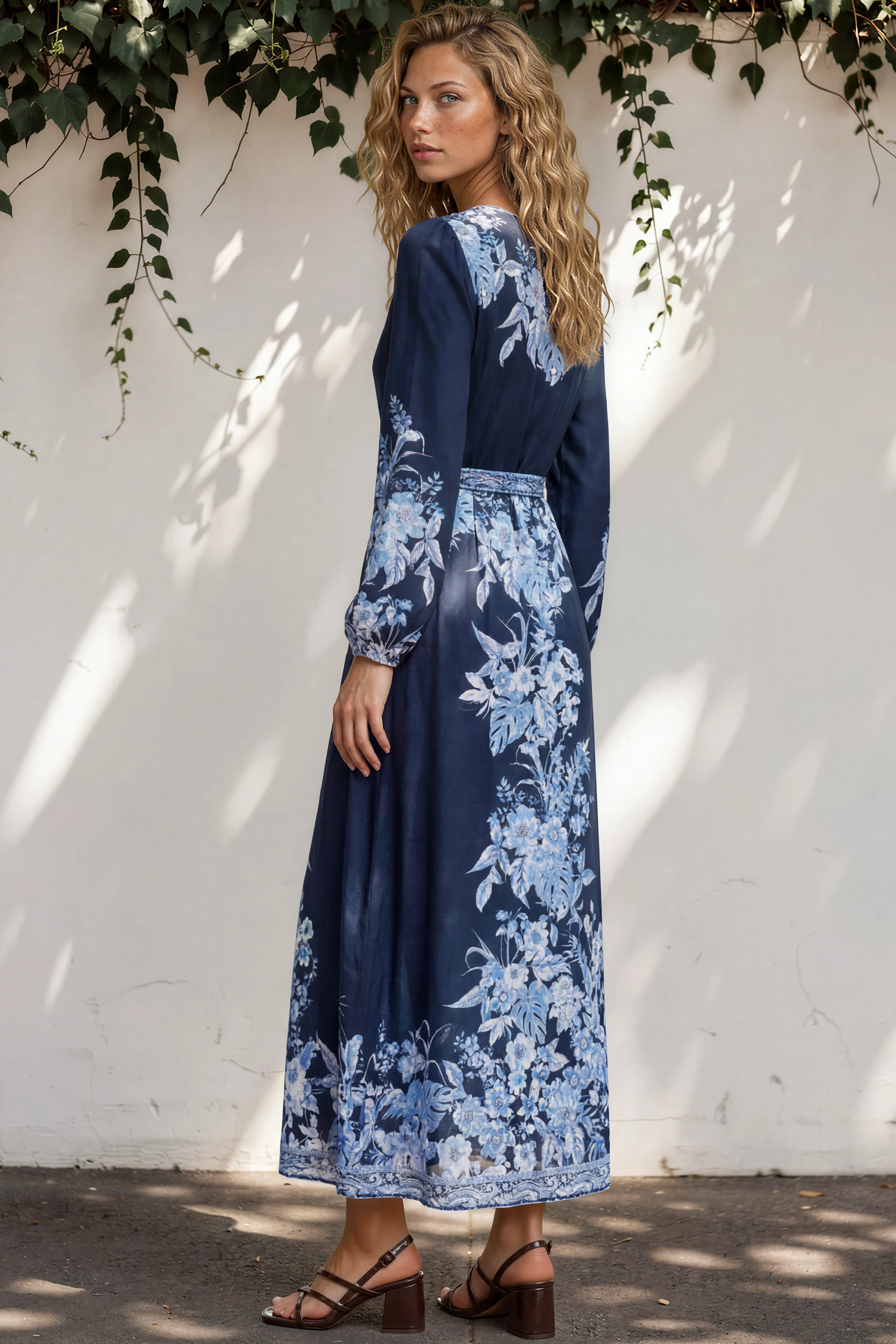 Carindi Midi Dress - V Neck Wrap Dress with Long Balloon Sleeves in Breakwater Print - Image 7