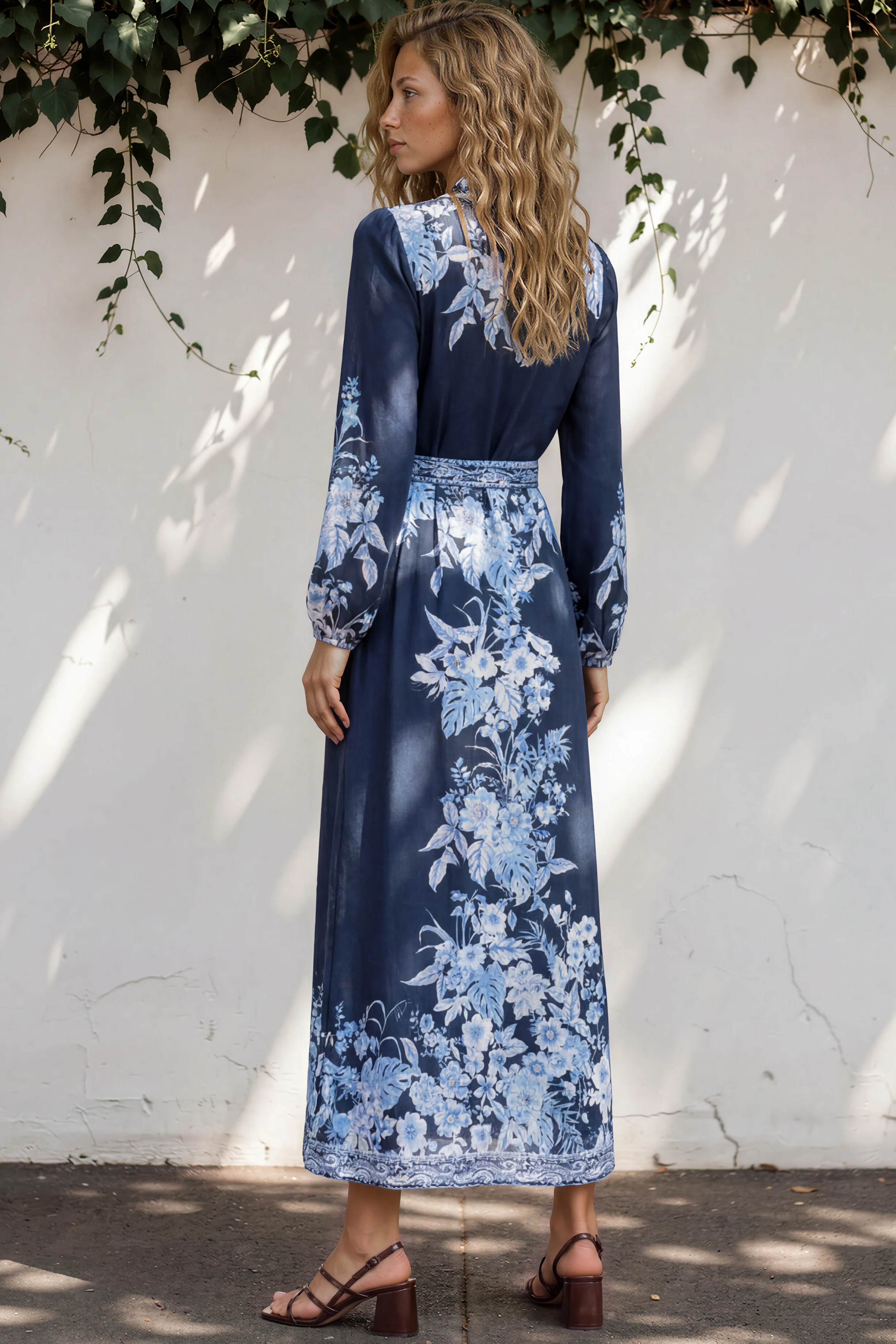 Carindi Midi Dress - V Neck Wrap Dress with Long Balloon Sleeves in Breakwater Print - Image 8