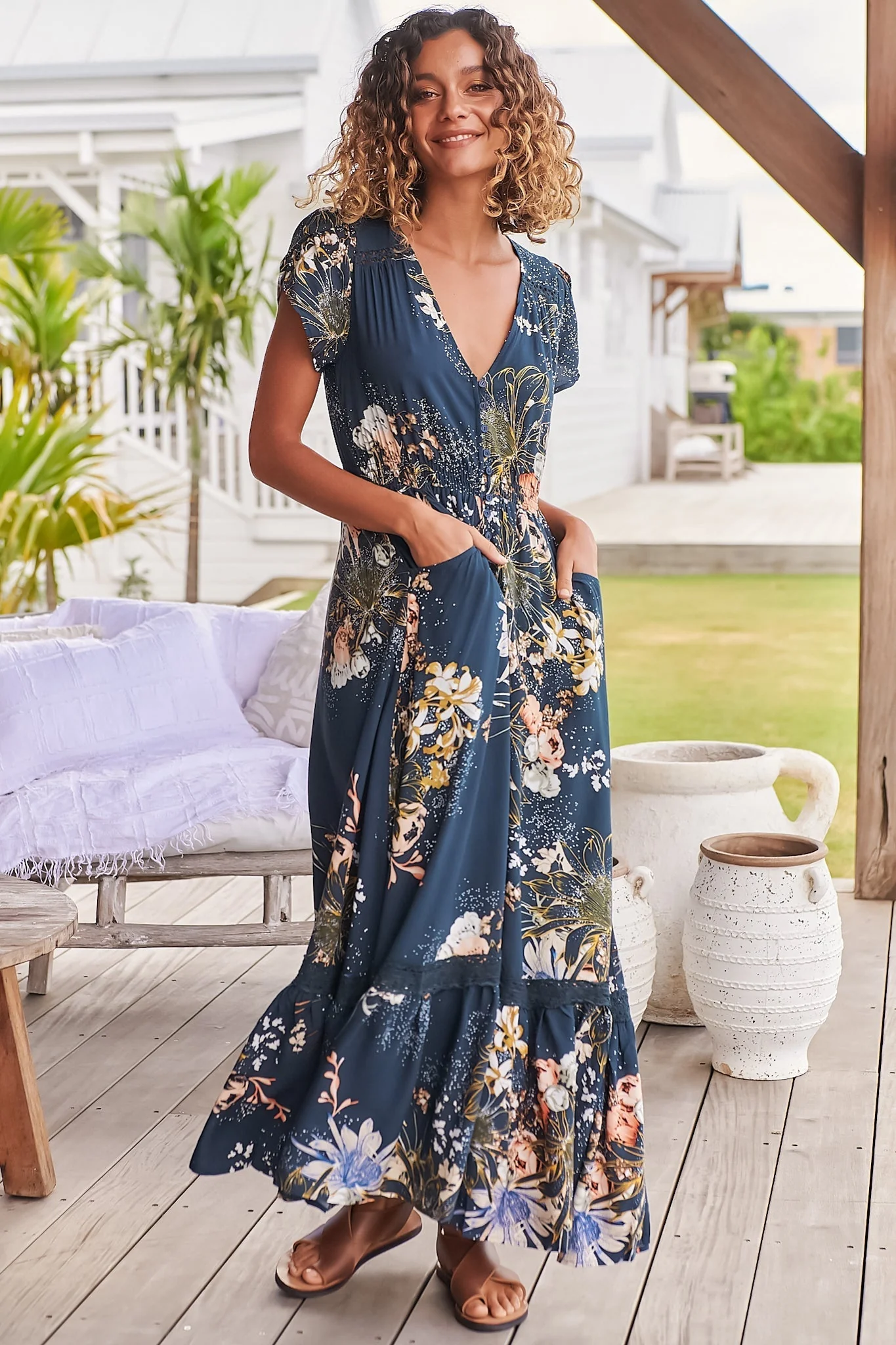 JAASE - Carmen Maxi Dress: Butterfly Cap Sleeve Button Down A Line Dress with Lace Trim in Indigo Print - Image 10