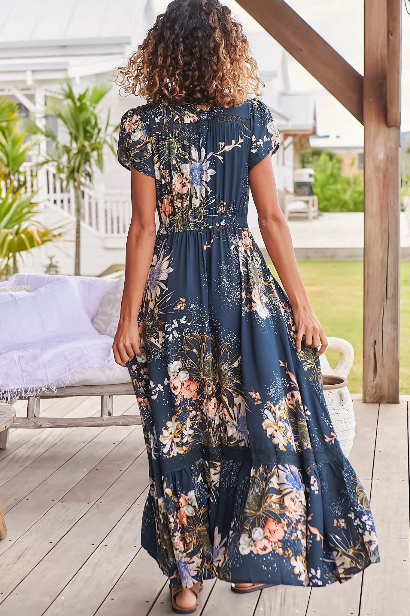 JAASE - Carmen Maxi Dress: Butterfly Cap Sleeve Button Down A Line Dress with Lace Trim in Indigo Print - Image 12