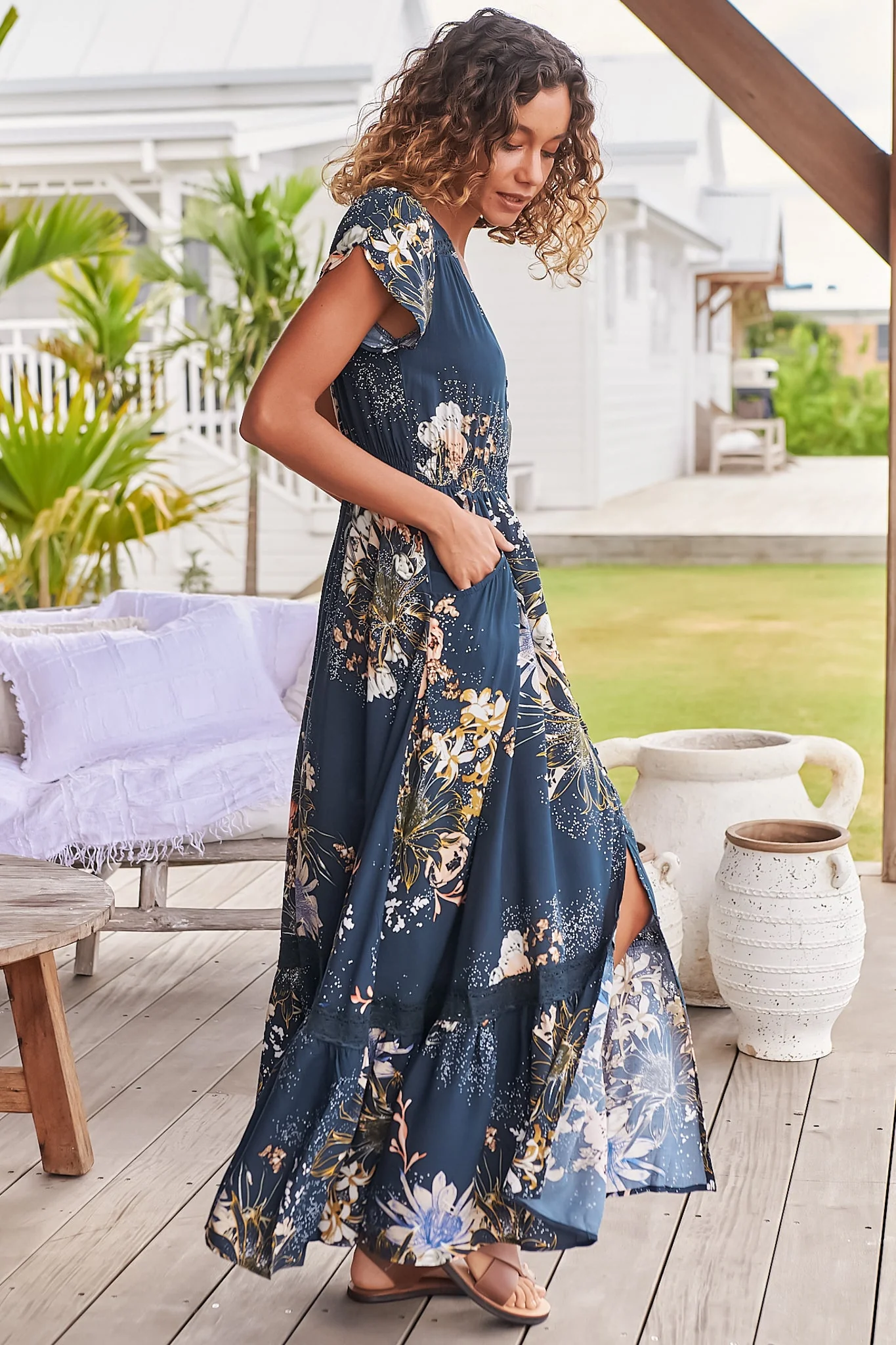 JAASE - Carmen Maxi Dress: Butterfly Cap Sleeve Button Down A Line Dress with Lace Trim in Indigo Print - Image 13