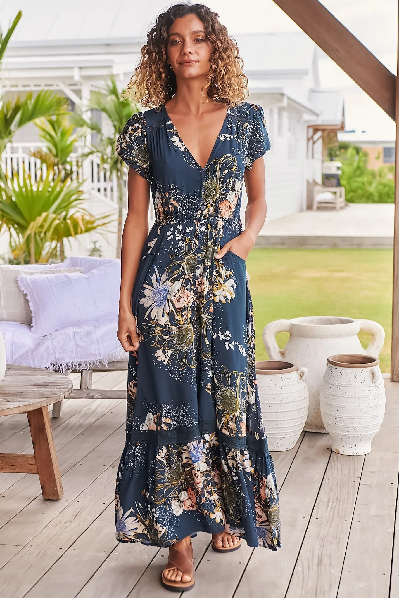 JAASE - Carmen Maxi Dress: Butterfly Cap Sleeve Button Down A Line Dress with Lace Trim in Indigo Print - Image 3