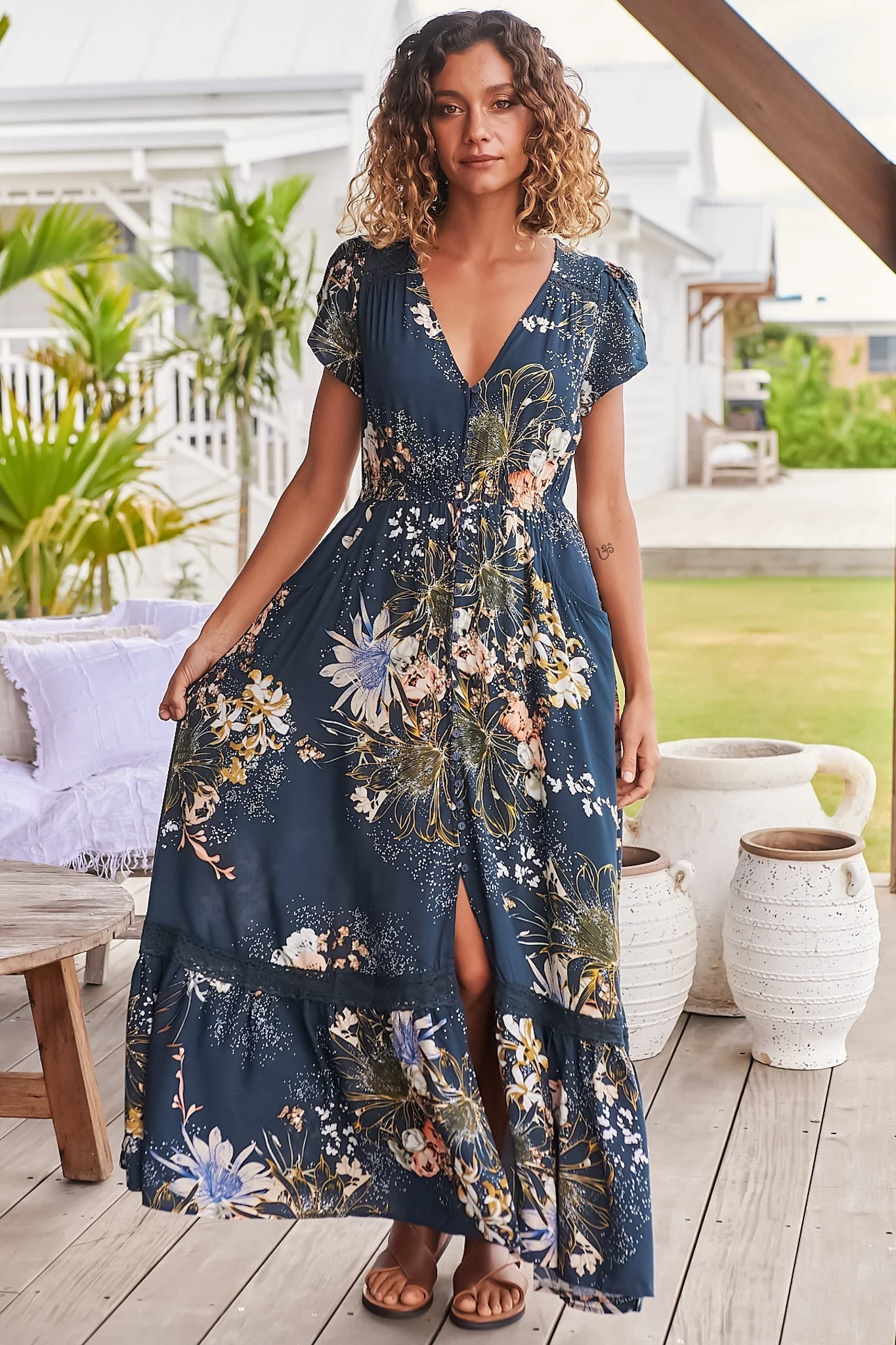 JAASE - Carmen Maxi Dress: Butterfly Cap Sleeve Button Down A Line Dress with Lace Trim in Indigo Print - Image 5