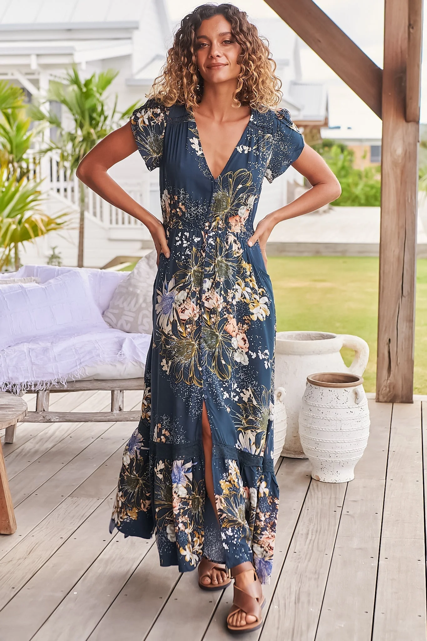 JAASE - Carmen Maxi Dress: Butterfly Cap Sleeve Button Down A Line Dress with Lace Trim in Indigo Print - Image 7