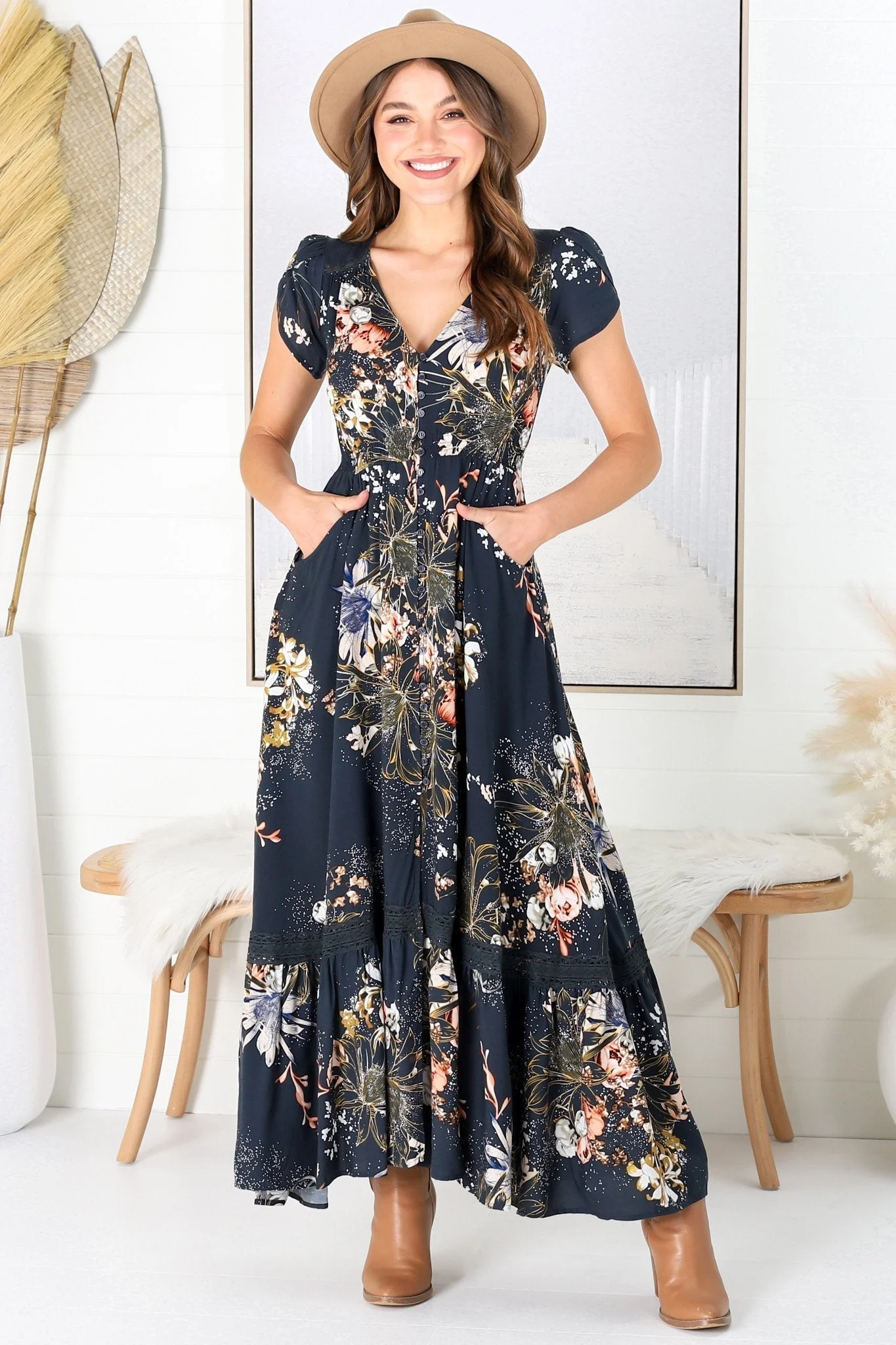 JAASE - Carmen Maxi Dress: Butterfly Cap Sleeve Button Down A Line Dress with Lace Trim in Indigo Print - Image 8