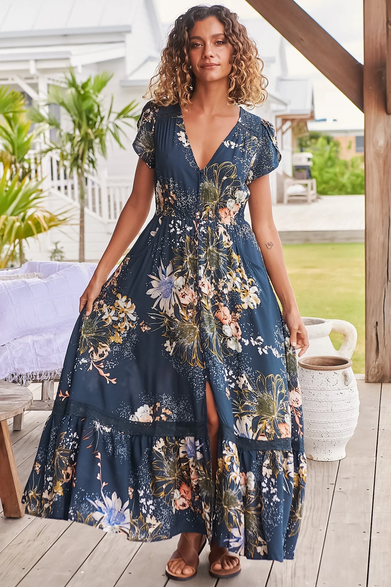JAASE - Carmen Maxi Dress: Butterfly Cap Sleeve Button Down A Line Dress with Lace Trim in Indigo Print - Image 9