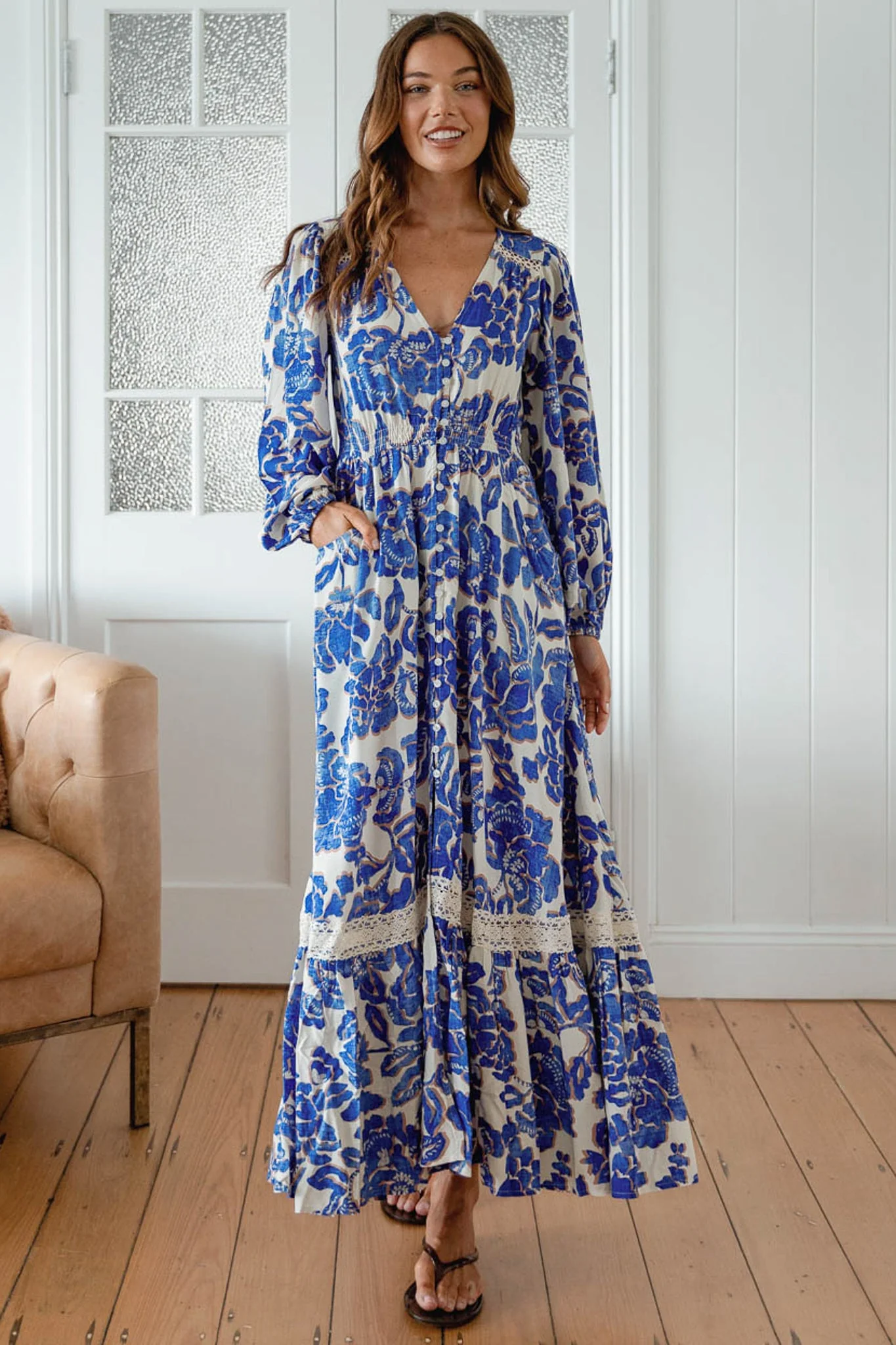 JAASE - Carmen Long Sleeve Maxi Dress: Button Down A Line Dress with Lace Trim in Indigo Bloom Print - Image 2