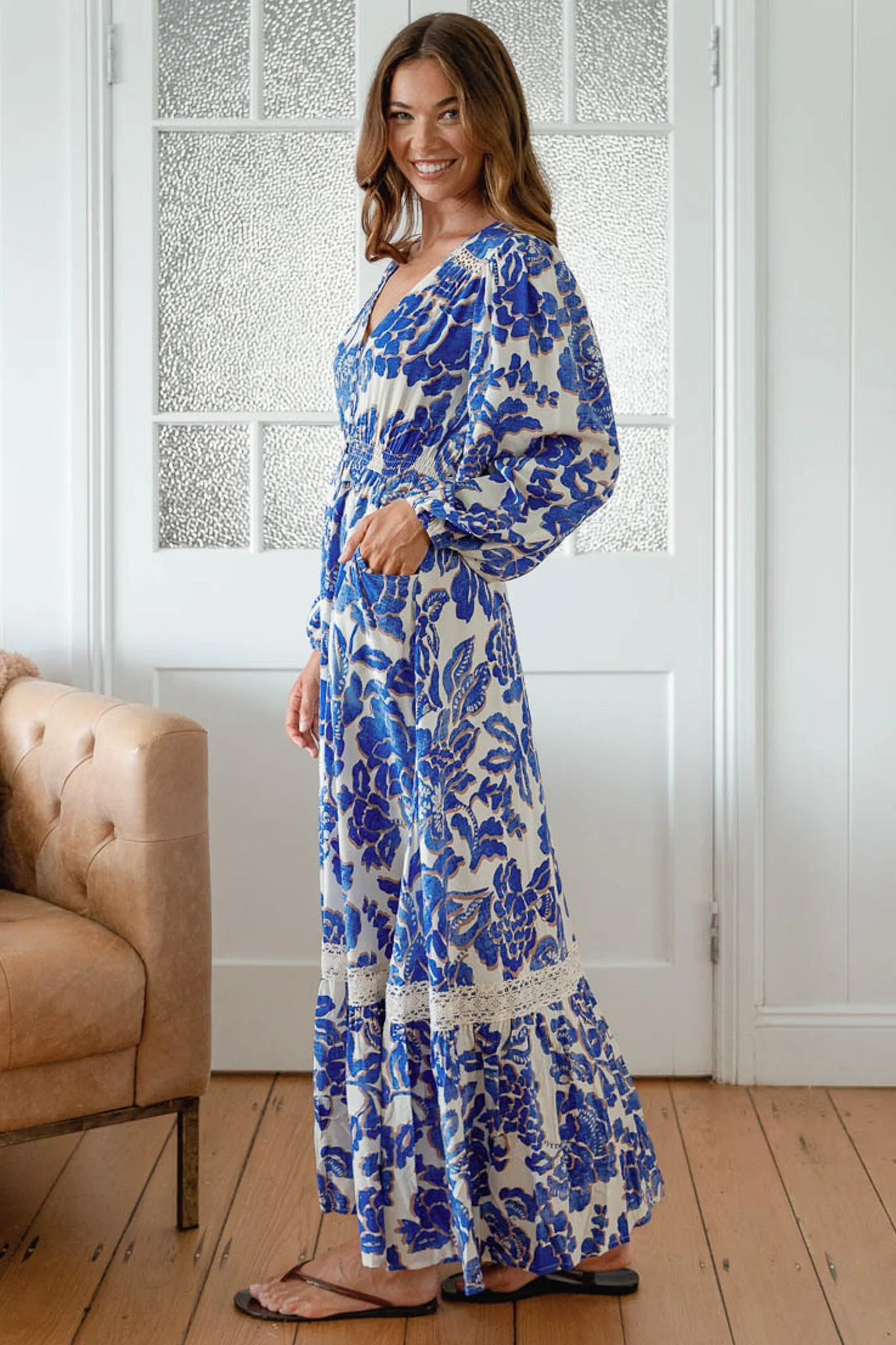 JAASE - Carmen Long Sleeve Maxi Dress: Button Down A Line Dress with Lace Trim in Indigo Bloom Print - Image 4