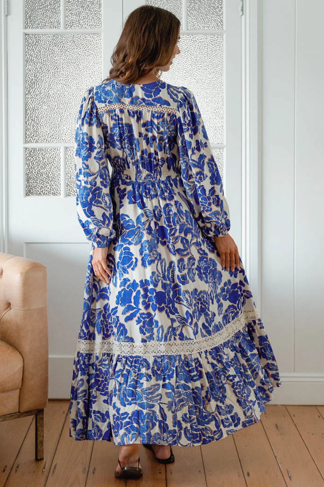 JAASE - Carmen Long Sleeve Maxi Dress: Button Down A Line Dress with Lace Trim in Indigo Bloom Print - Image 5