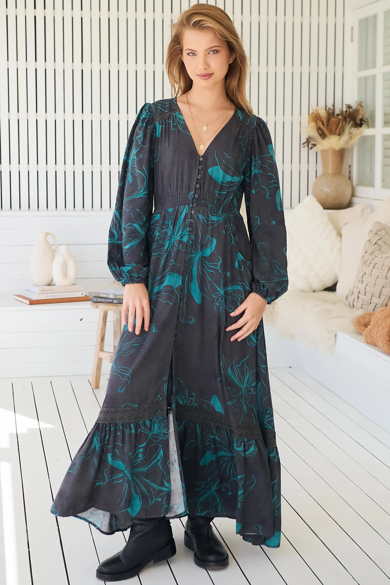 JAASE - Carmen Long Sleeve Maxi Dress: Button Down A Line Dress with Lace Trim in Midnight Lilly Print - Image 10