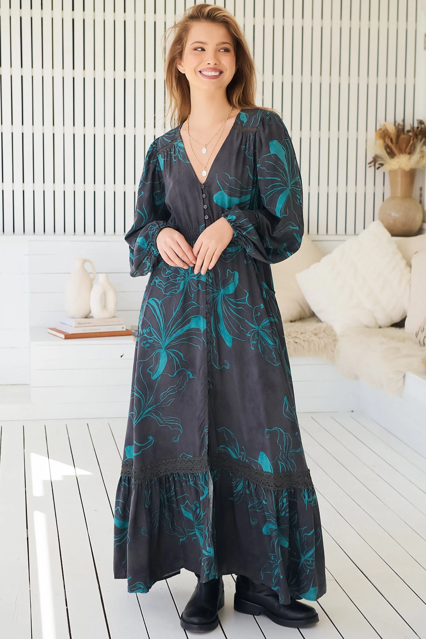 JAASE - Carmen Long Sleeve Maxi Dress: Button Down A Line Dress with Lace Trim in Midnight Lilly Print - Image 11