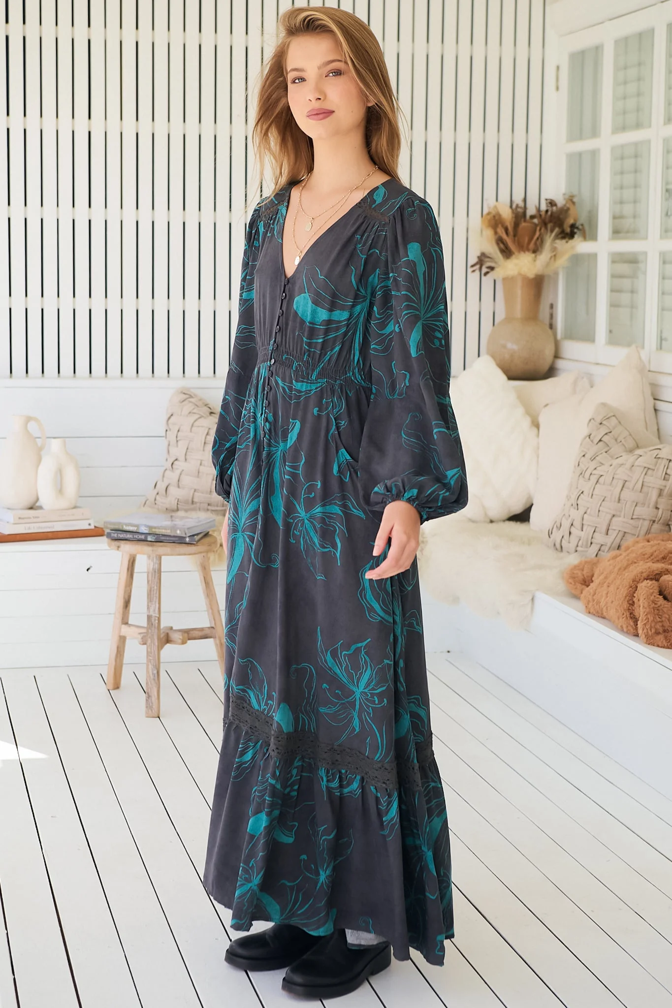 JAASE - Carmen Long Sleeve Maxi Dress: Button Down A Line Dress with Lace Trim in Midnight Lilly Print - Image 12