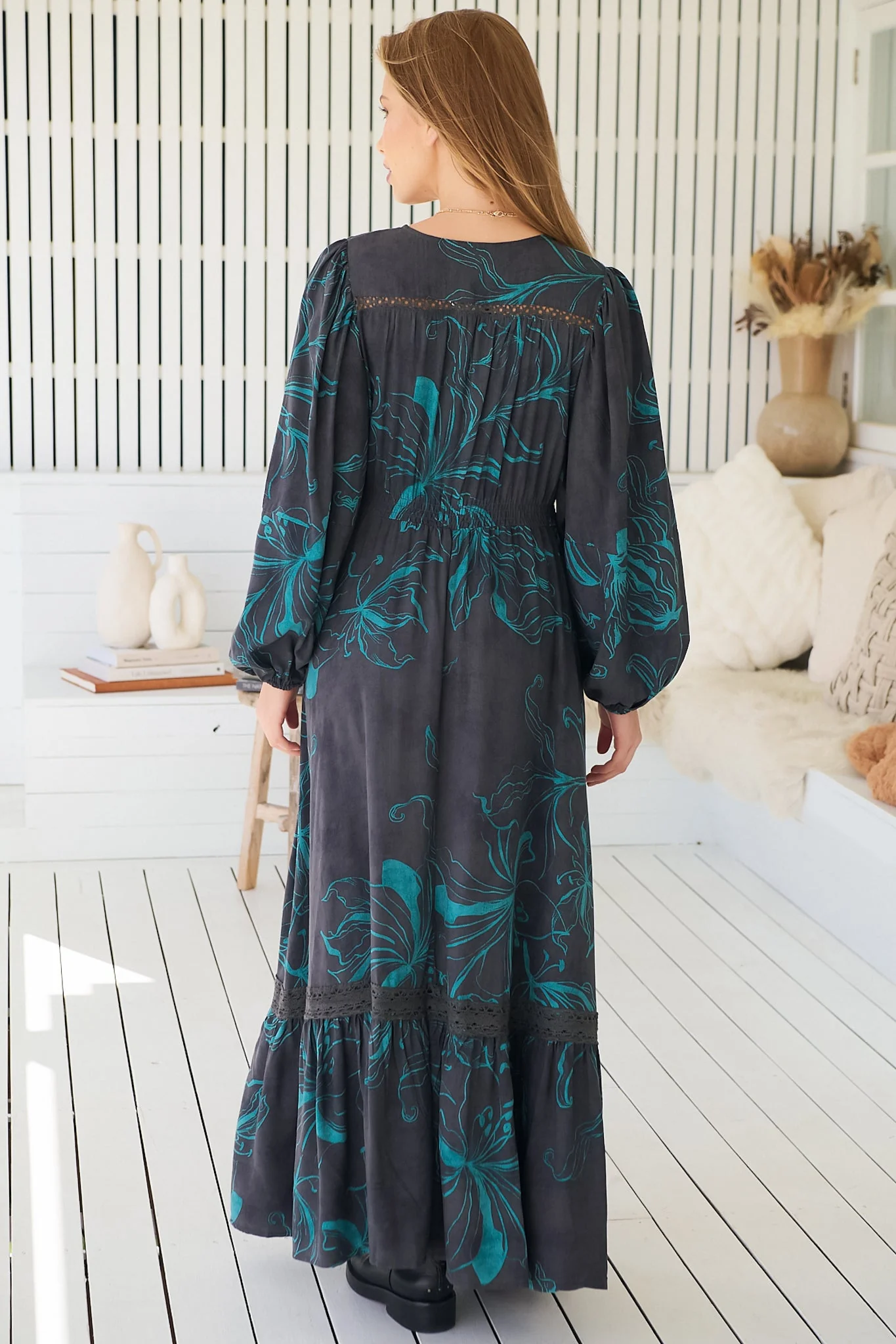 JAASE - Carmen Long Sleeve Maxi Dress: Button Down A Line Dress with Lace Trim in Midnight Lilly Print - Image 13