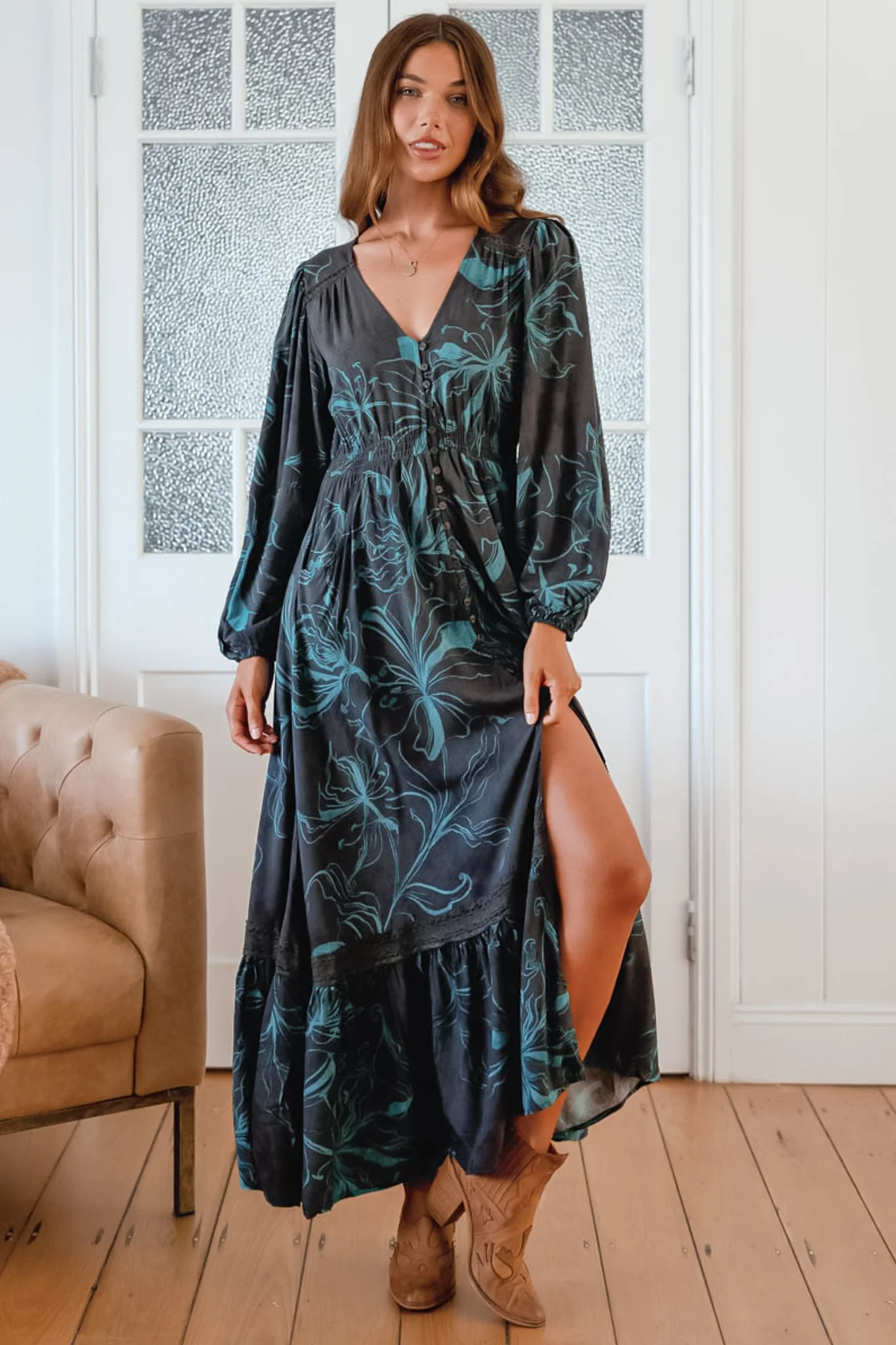 JAASE - Carmen Long Sleeve Maxi Dress: Button Down A Line Dress with Lace Trim in Midnight Lilly Print - Image 2