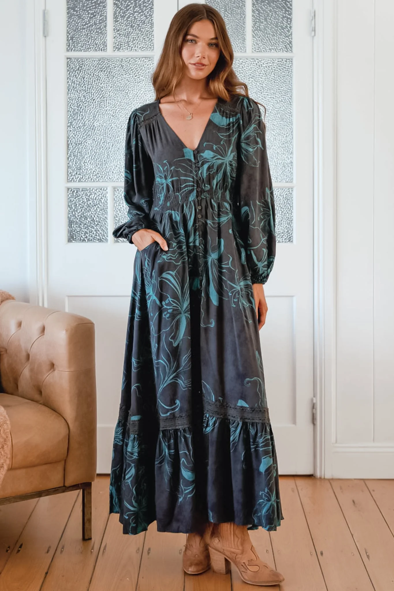 JAASE - Carmen Long Sleeve Maxi Dress: Button Down A Line Dress with Lace Trim in Midnight Lilly Print - Image 3
