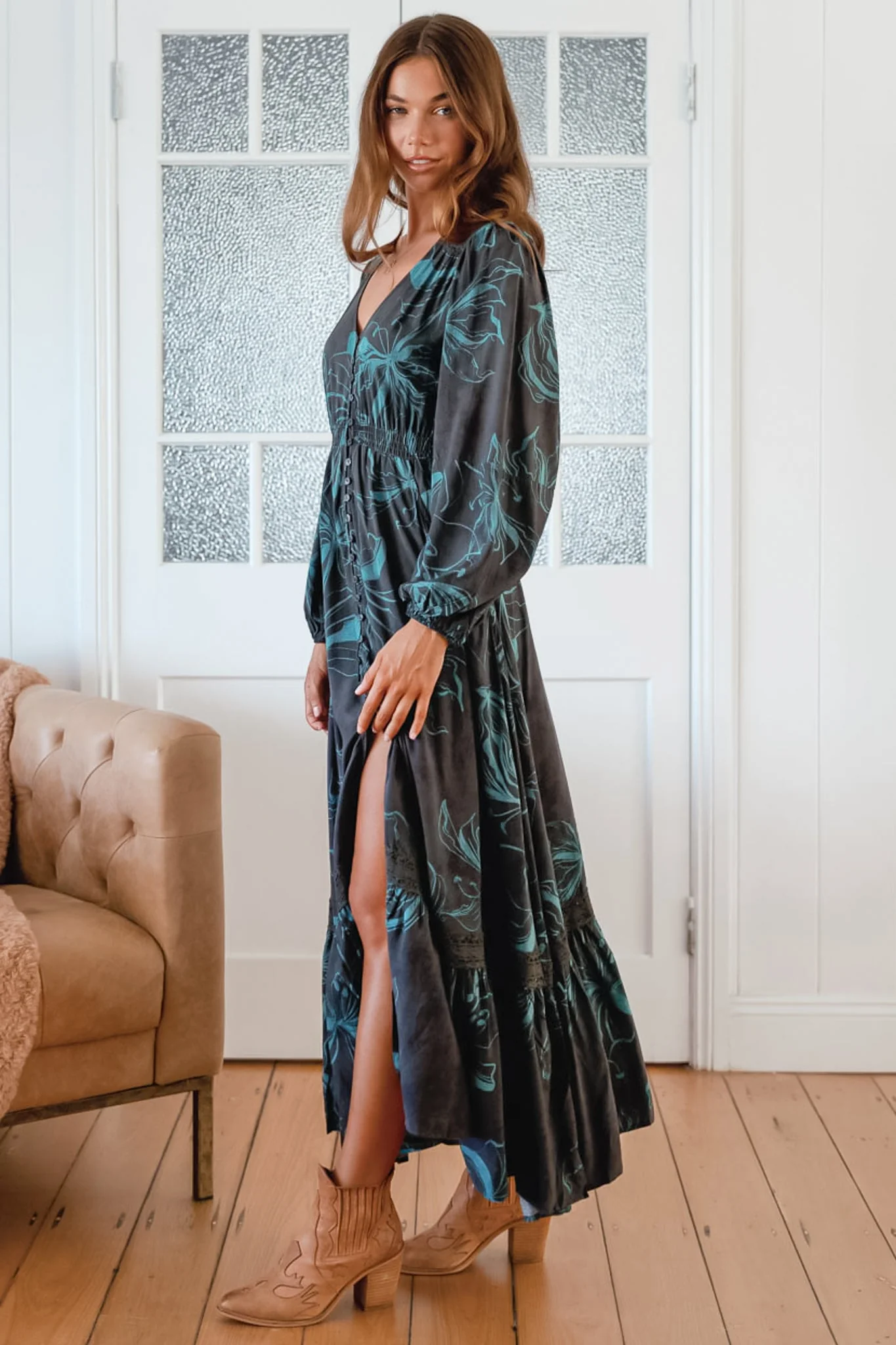 JAASE - Carmen Long Sleeve Maxi Dress: Button Down A Line Dress with Lace Trim in Midnight Lilly Print - Image 4