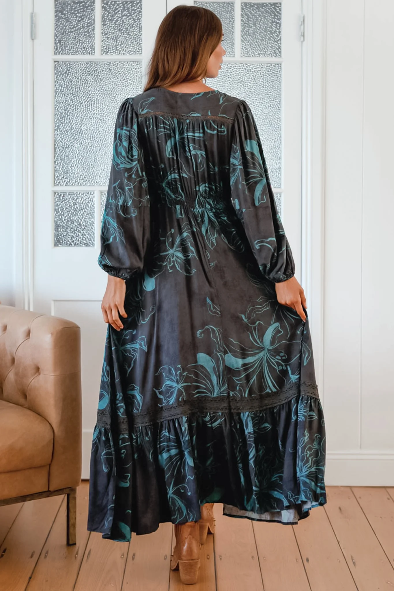 JAASE - Carmen Long Sleeve Maxi Dress: Button Down A Line Dress with Lace Trim in Midnight Lilly Print - Image 5
