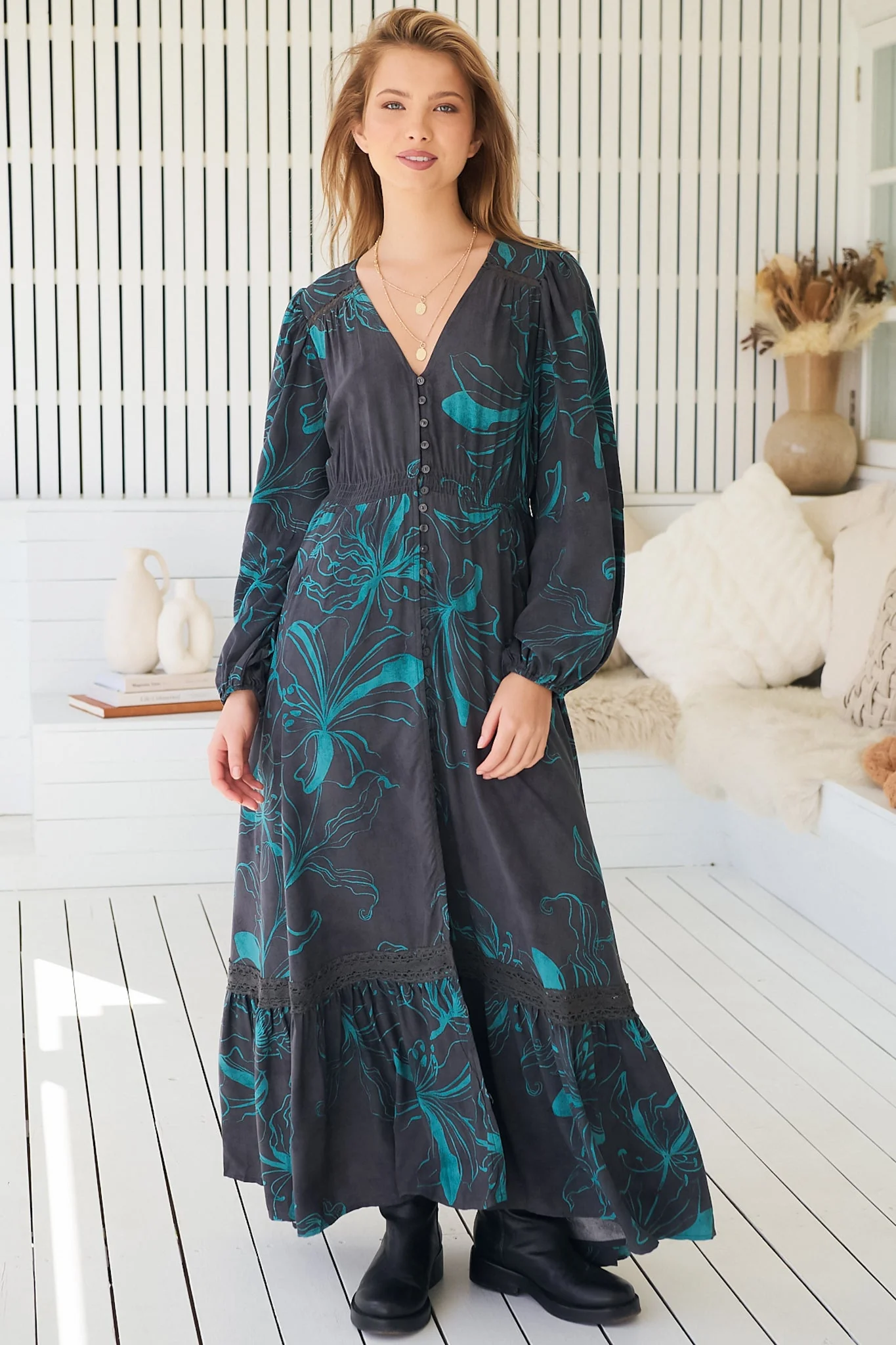 JAASE - Carmen Long Sleeve Maxi Dress: Button Down A Line Dress with Lace Trim in Midnight Lilly Print - Image 6