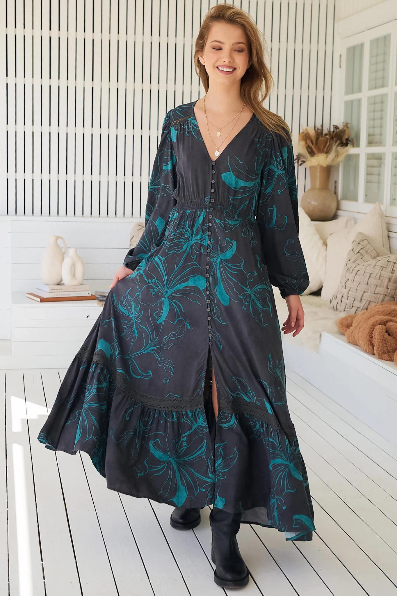 JAASE - Carmen Long Sleeve Maxi Dress: Button Down A Line Dress with Lace Trim in Midnight Lilly Print - Image 8