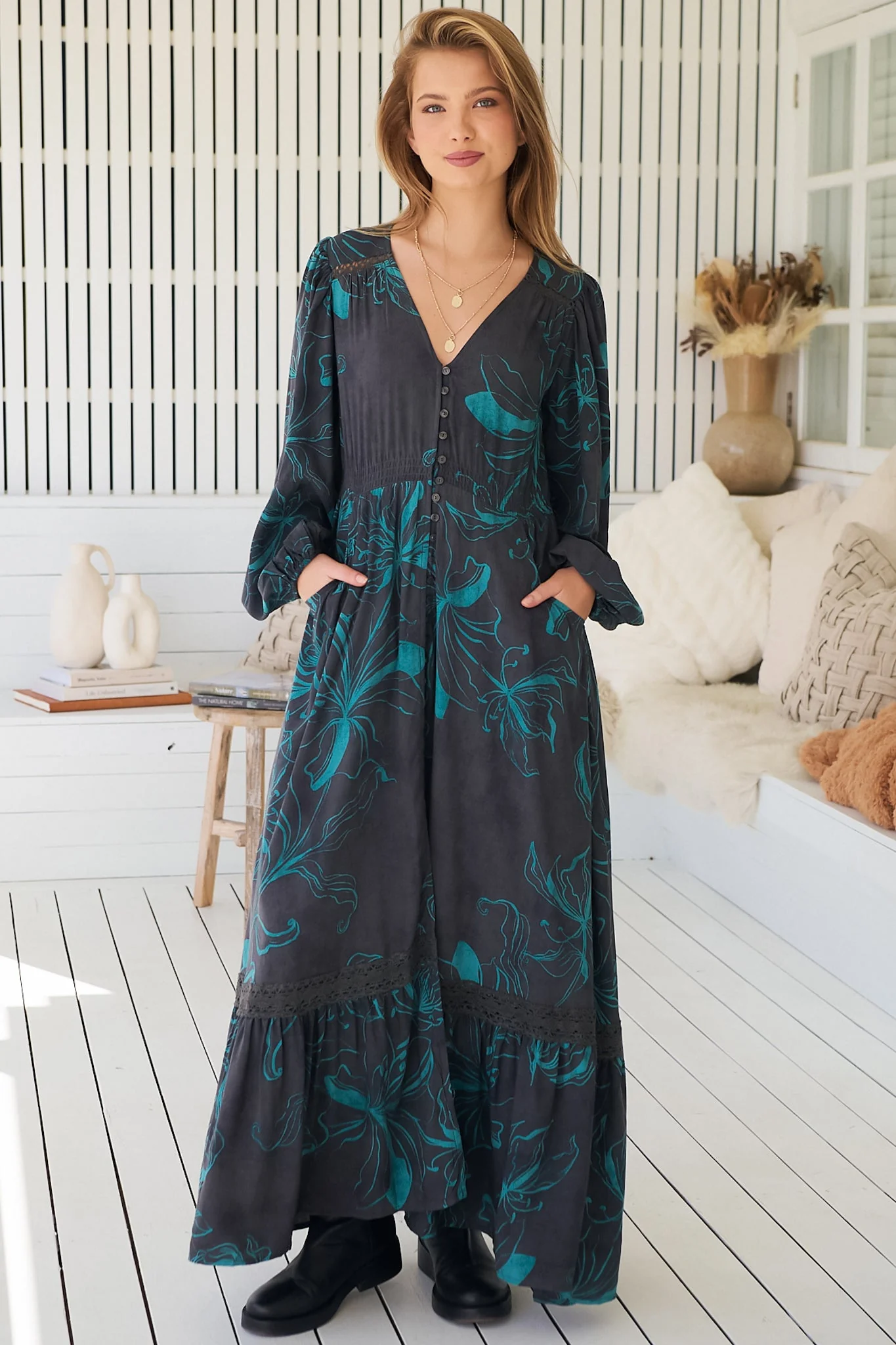 JAASE - Carmen Long Sleeve Maxi Dress: Button Down A Line Dress with Lace Trim in Midnight Lilly Print - Image 9