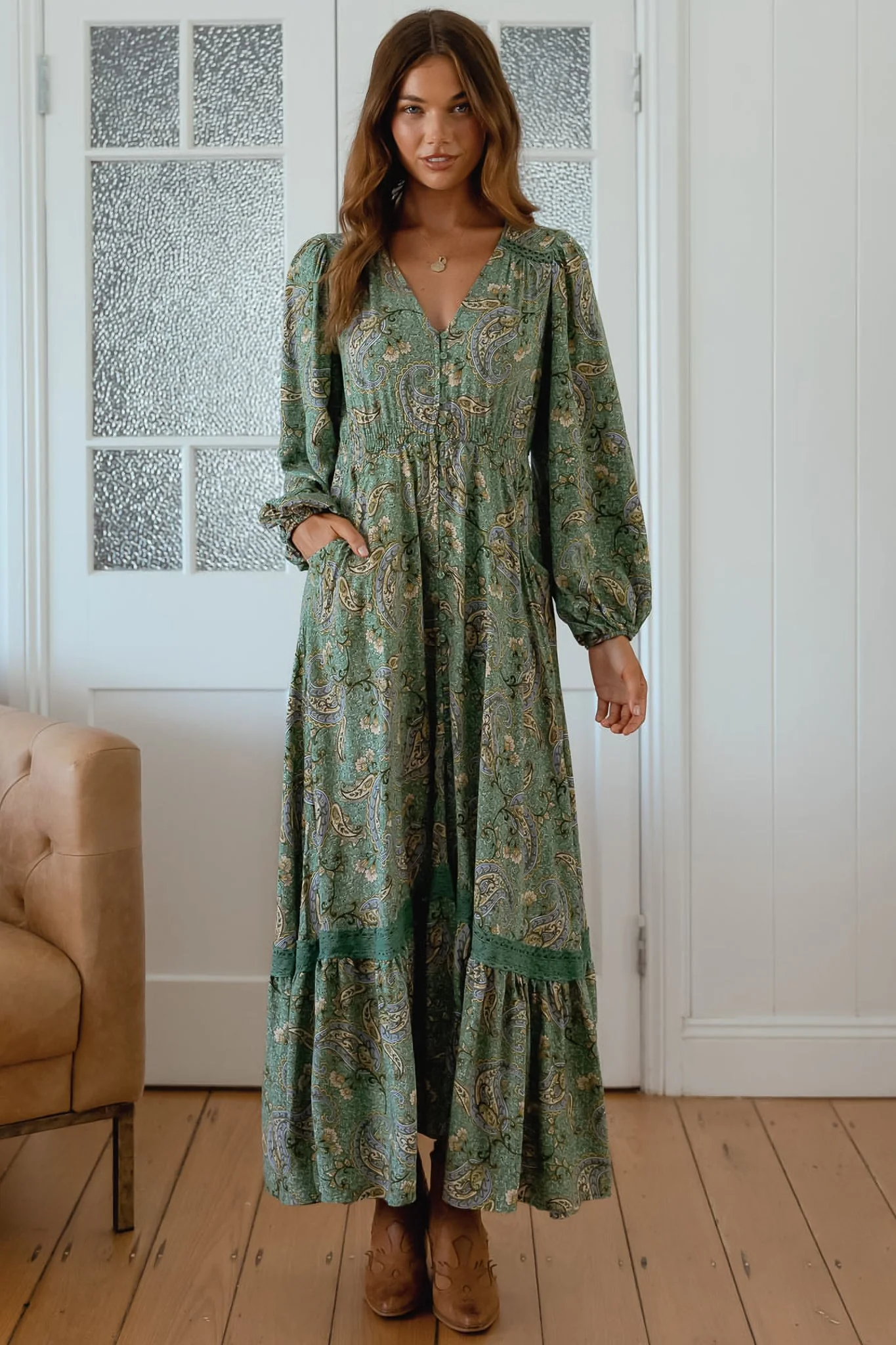 JAASE - Carmen Long Sleeve Maxi Dress: Button Down A Line Dress with Lace Trim in Sagewood Print - Image 3