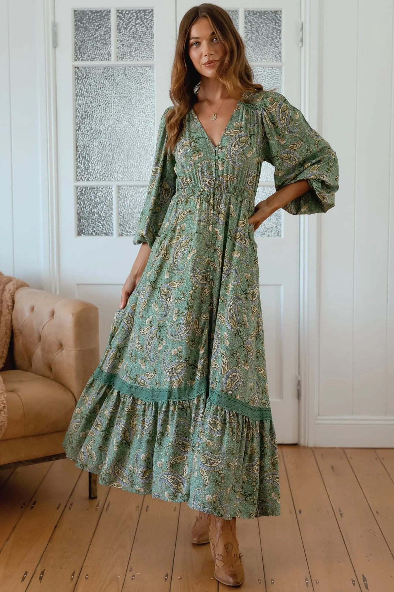 JAASE - Carmen Long Sleeve Maxi Dress: Button Down A Line Dress with Lace Trim in Sagewood Print - Image 4