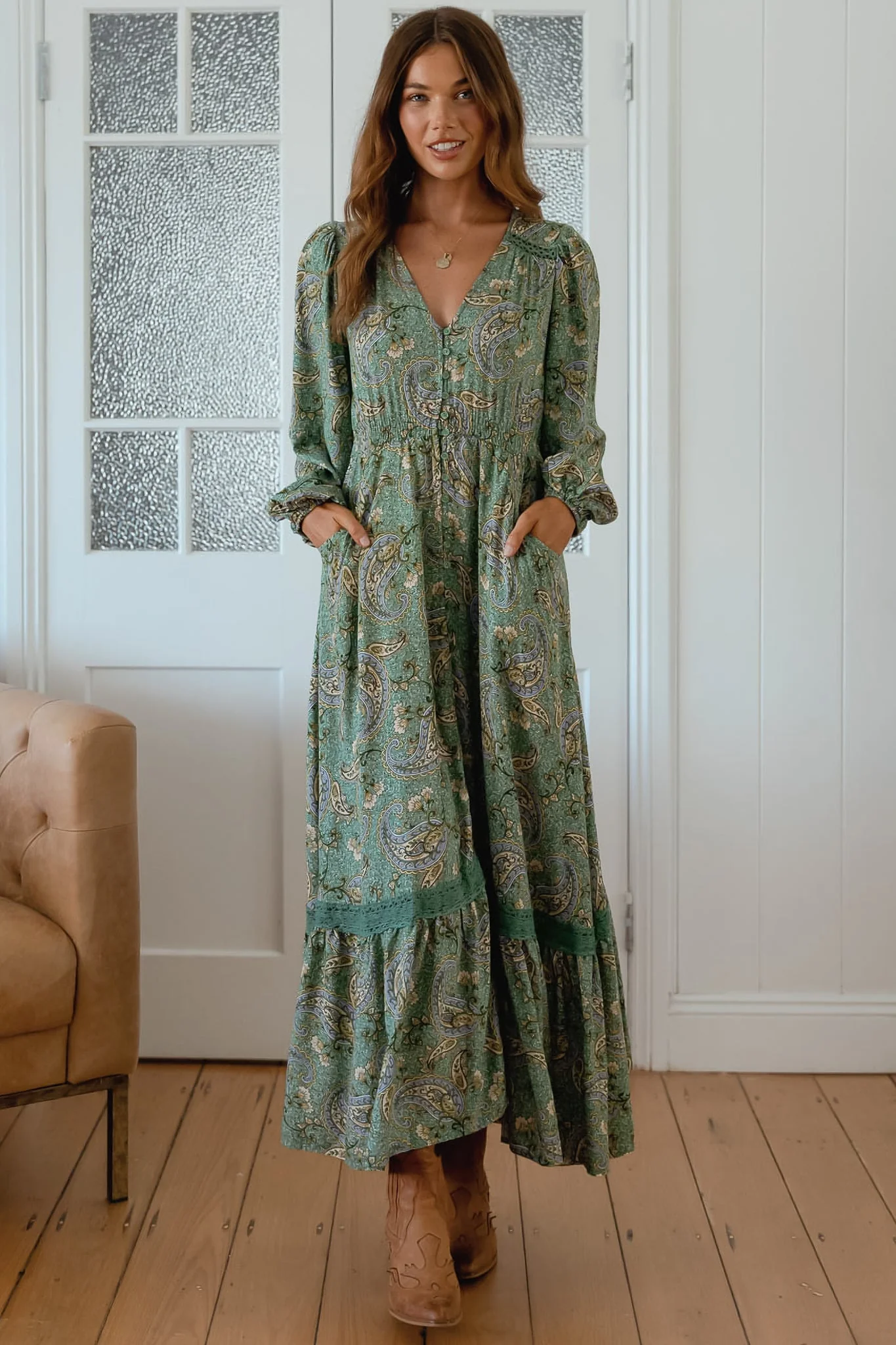 JAASE - Carmen Long Sleeve Maxi Dress: Button Down A Line Dress with Lace Trim in Sagewood Print - Image 5