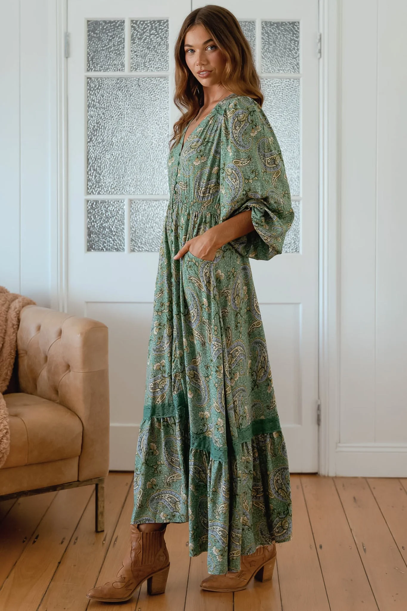 JAASE - Carmen Long Sleeve Maxi Dress: Button Down A Line Dress with Lace Trim in Sagewood Print - Image 6