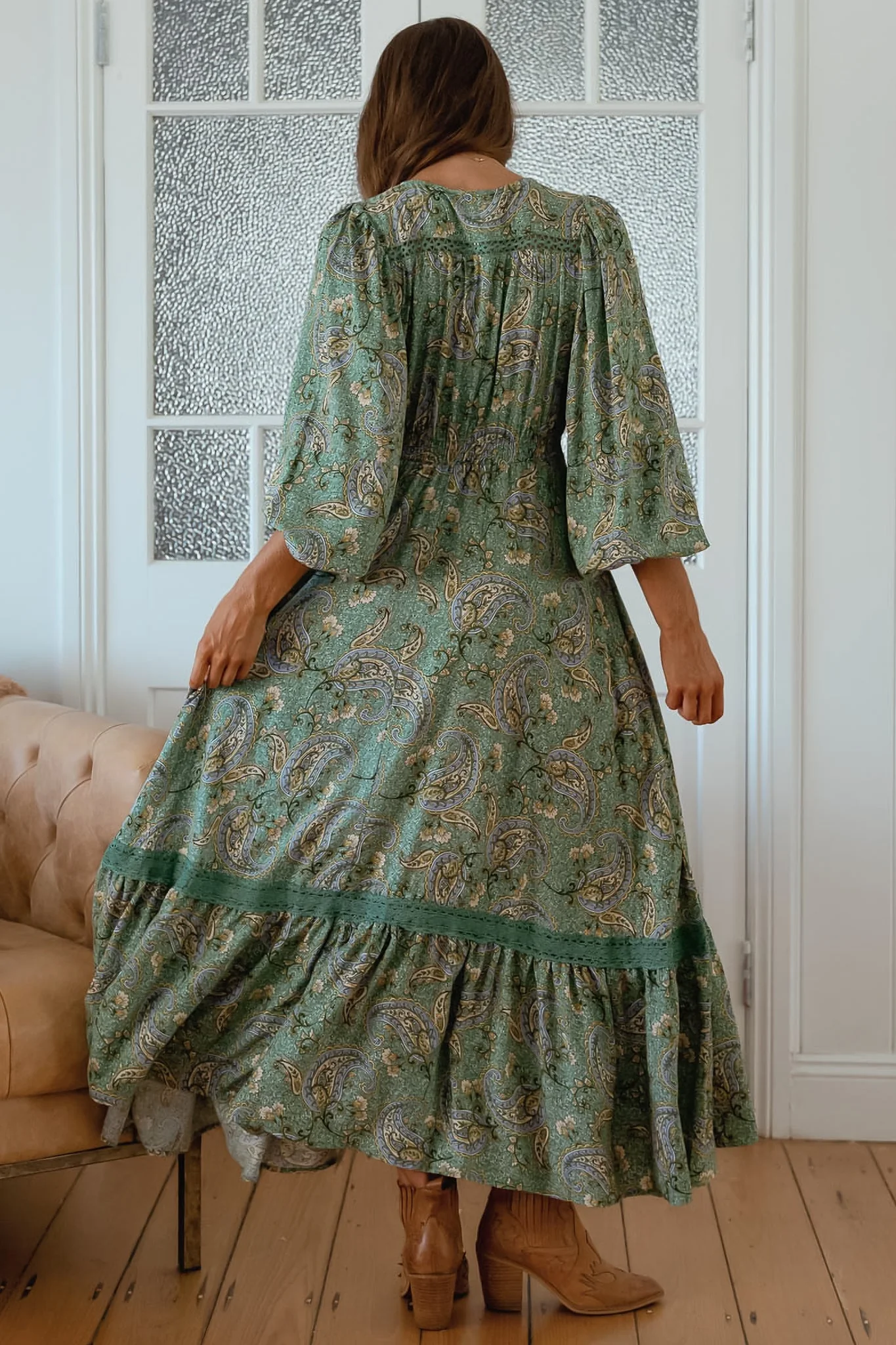 JAASE - Carmen Long Sleeve Maxi Dress: Button Down A Line Dress with Lace Trim in Sagewood Print - Image 7